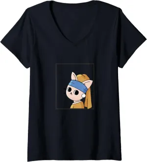 | The little cat with a pearl V-Neck T-Shirt