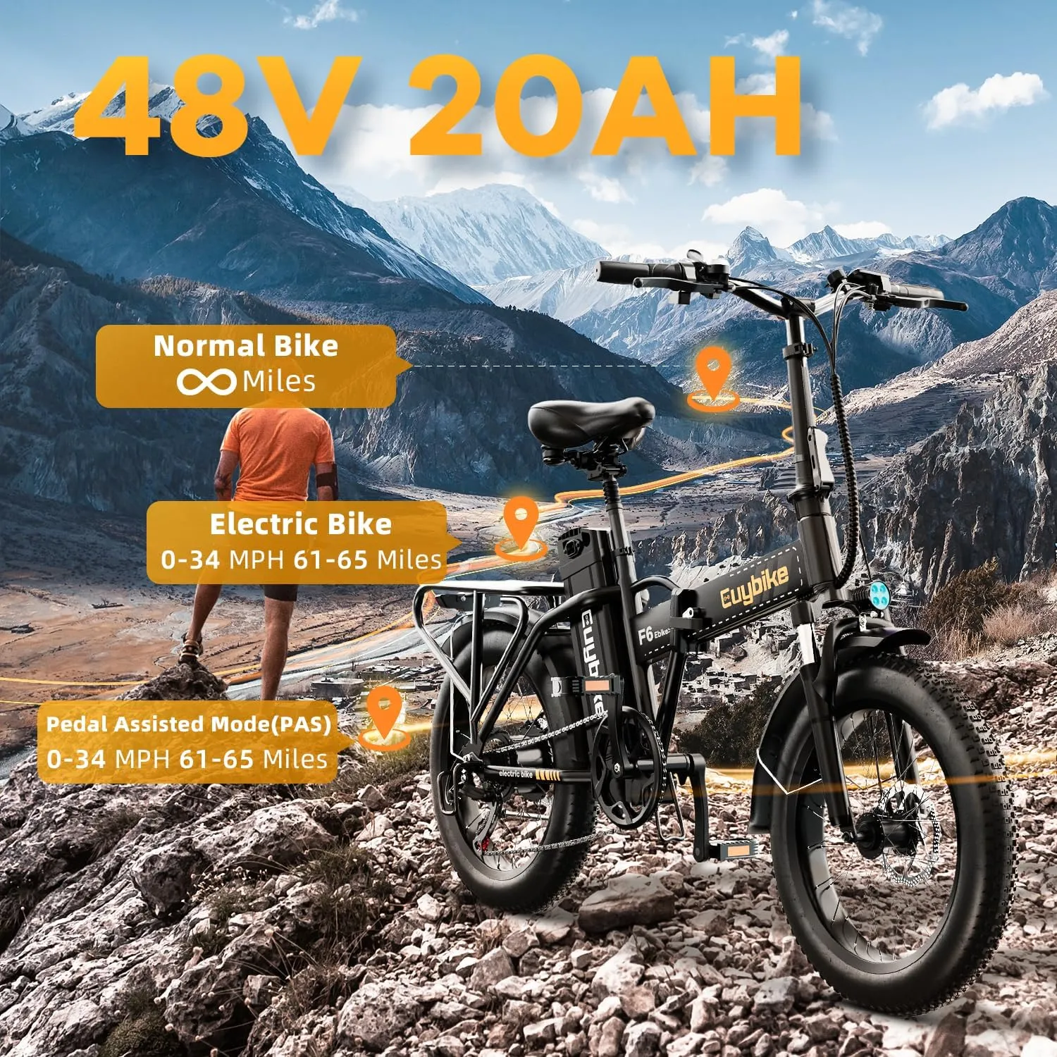 1000W Folding Electric Bike, 48V 20AH Large Removable Battery E Bike, 30 MPH, 80 Miles Max Range, 20" Fat Tire Electric Bike for Adults, Adult Electric Bicycles for Commute Beach Snow