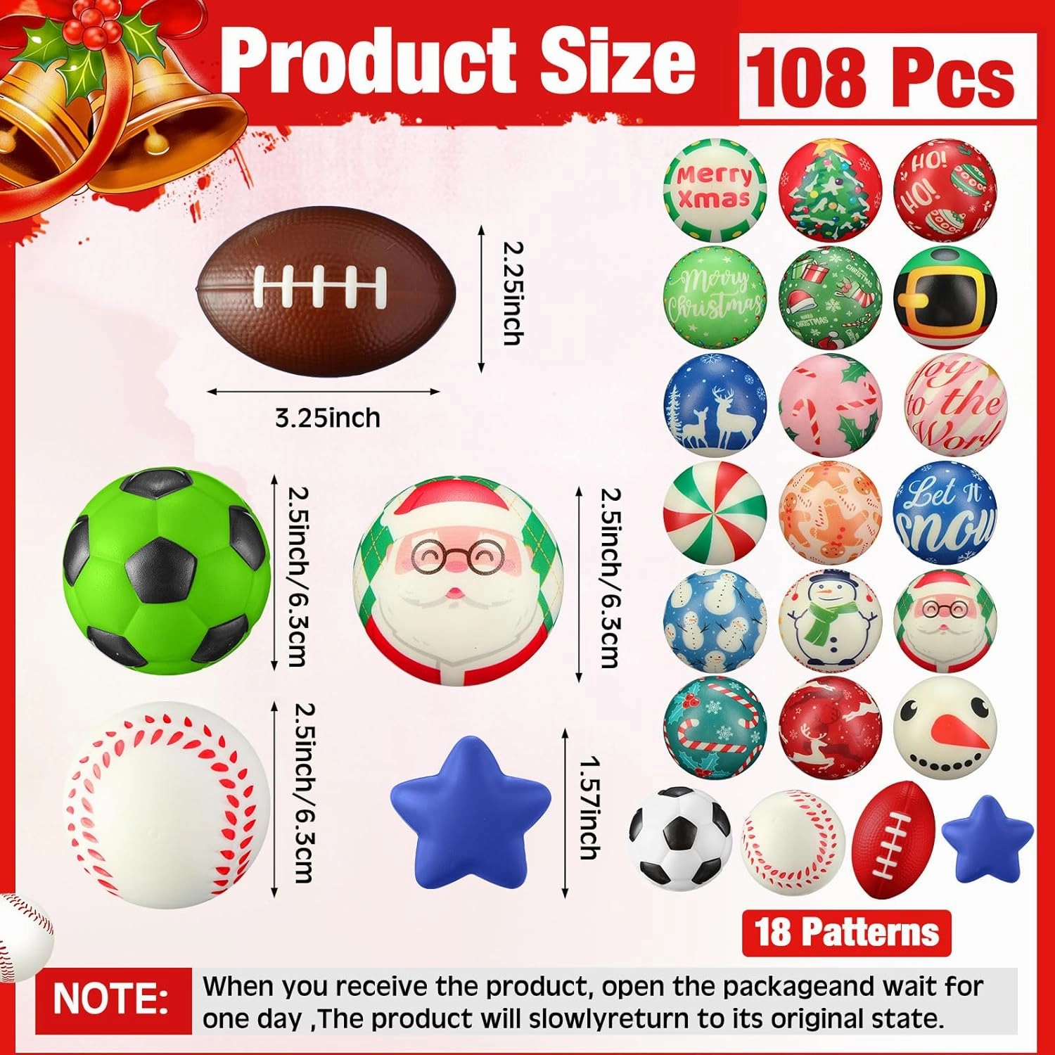 108 Pcs Christmas Stress Balls Bulk Santa Snowman Sports Squeeze Balls Stress Relief Fidget Mini Foam Toy Goodie Bag Stuffers Gifts for Xmas Party Favor Boys and Girls