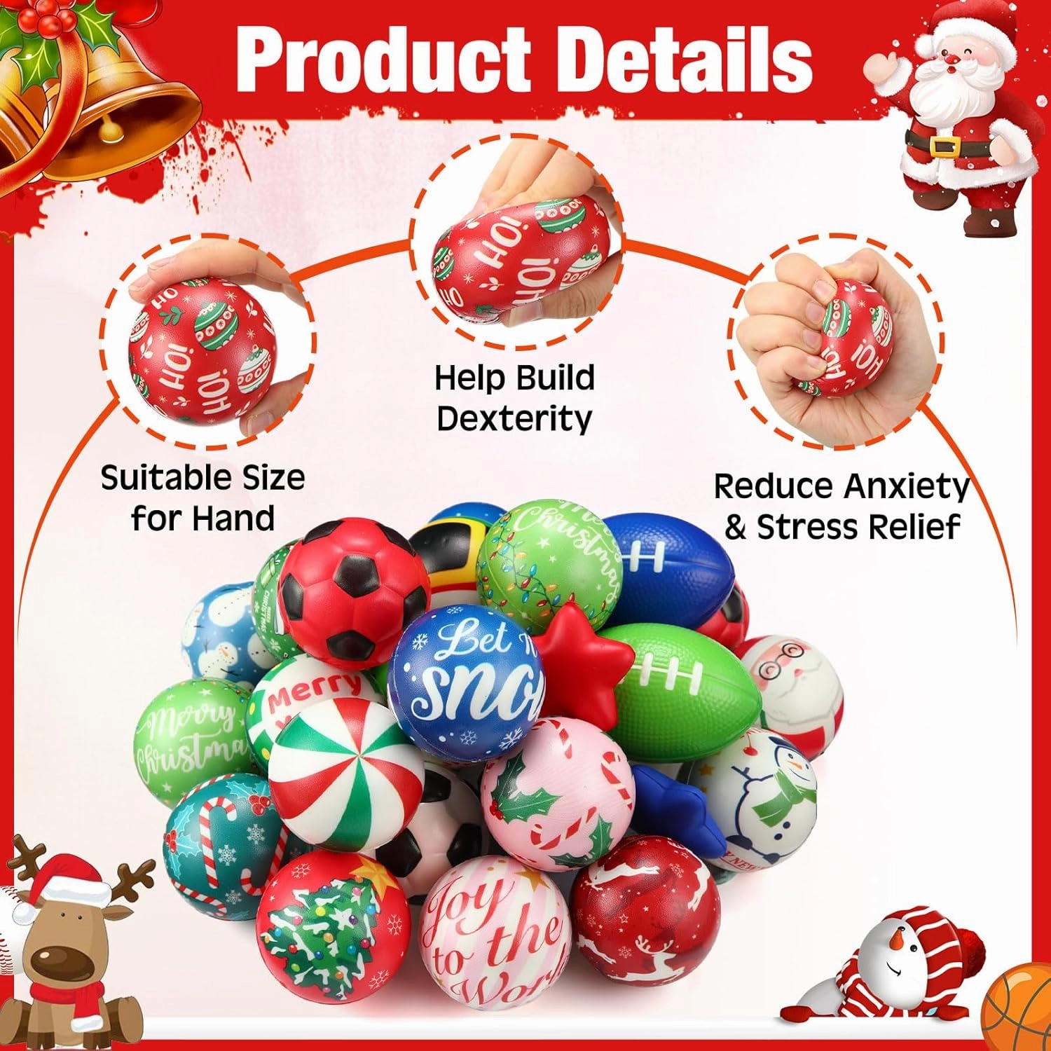 108 Pcs Christmas Stress Balls Bulk Santa Snowman Sports Squeeze Balls Stress Relief Fidget Mini Foam Toy Goodie Bag Stuffers Gifts for Xmas Party Favor Boys and Girls
