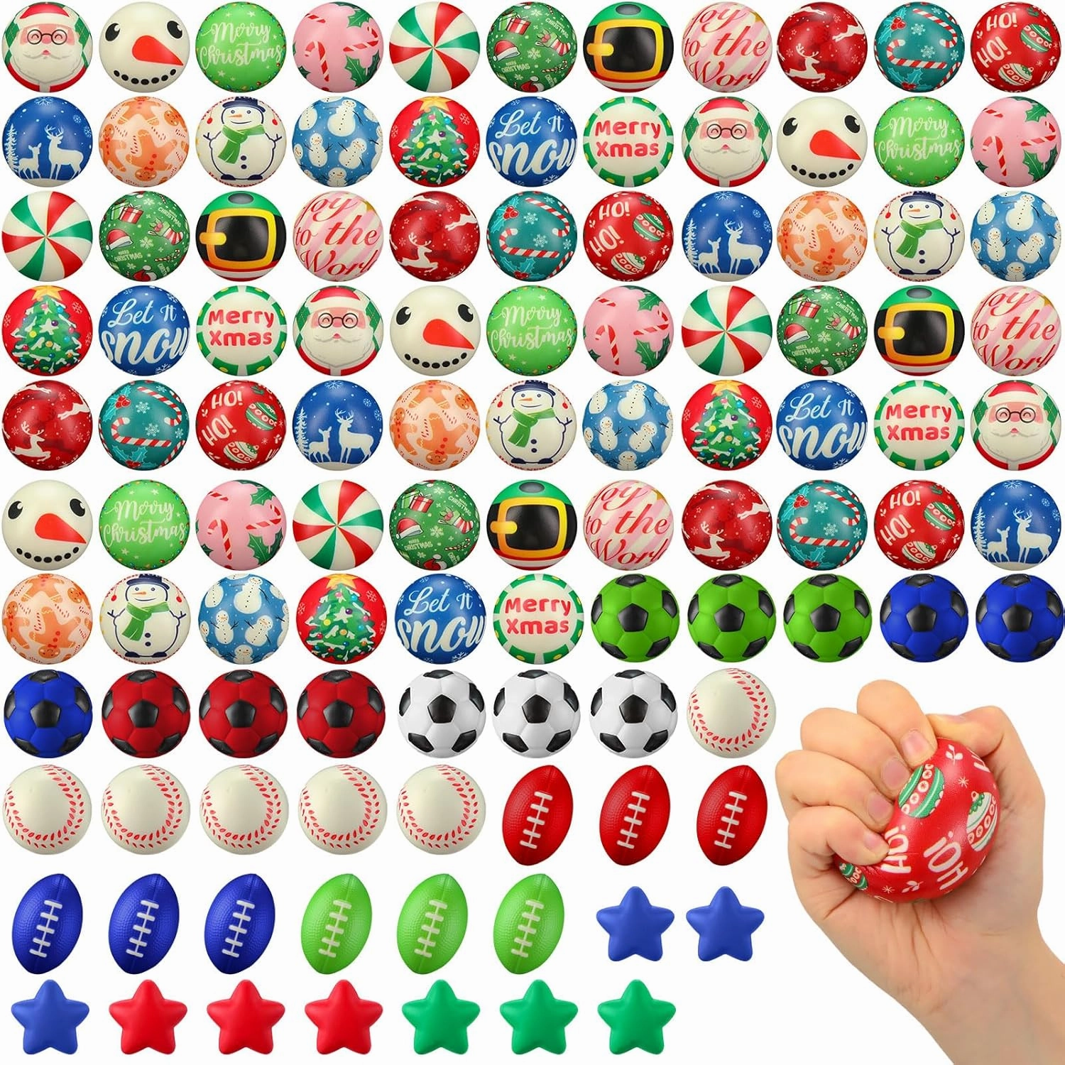 108 Pcs Christmas Stress Balls Bulk Santa Snowman Sports Squeeze Balls Stress Relief Fidget Mini Foam Toy Goodie Bag Stuffers Gifts for Xmas Party Favor Boys and Girls
