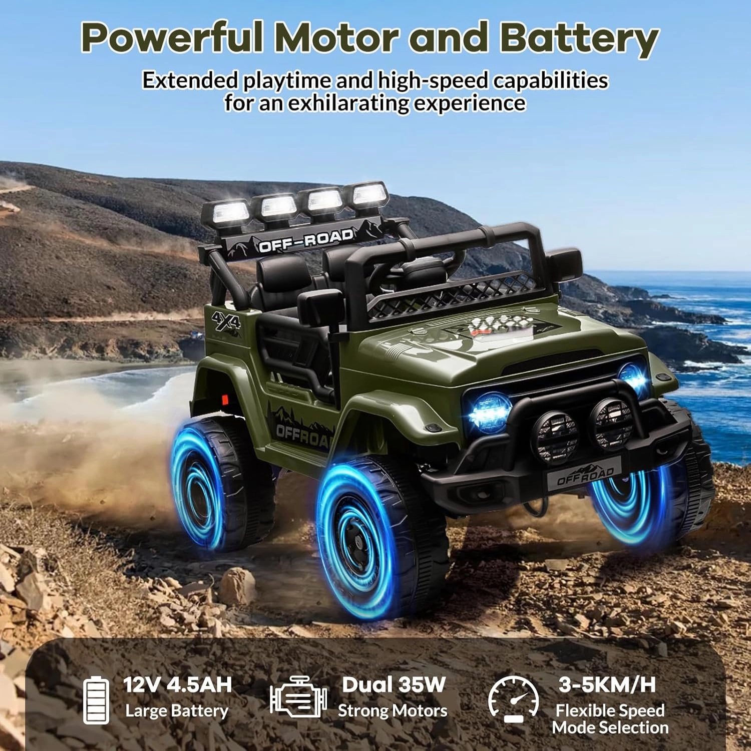 12V Kids Ride On Car for Kids Ages 37-96 Months, Electric Truck Ride On Toys with 5MPH Max Speed, Remote Control, Accelerator Pedal, Treaded Tires, Steering Wheel, Music and Story, Green