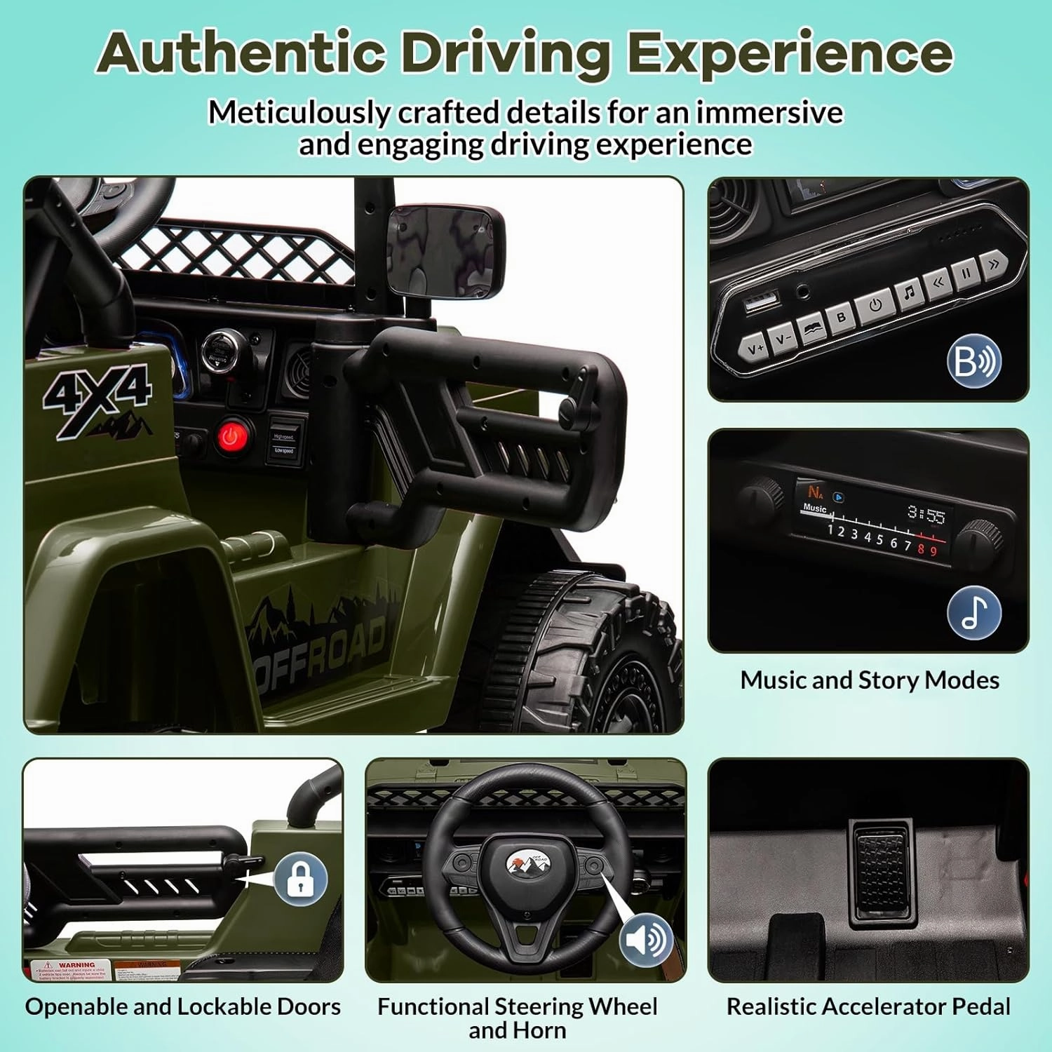 12V Kids Ride On Car for Kids Ages 37-96 Months, Electric Truck Ride On Toys with 5MPH Max Speed, Remote Control, Accelerator Pedal, Treaded Tires, Steering Wheel, Music and Story, Green