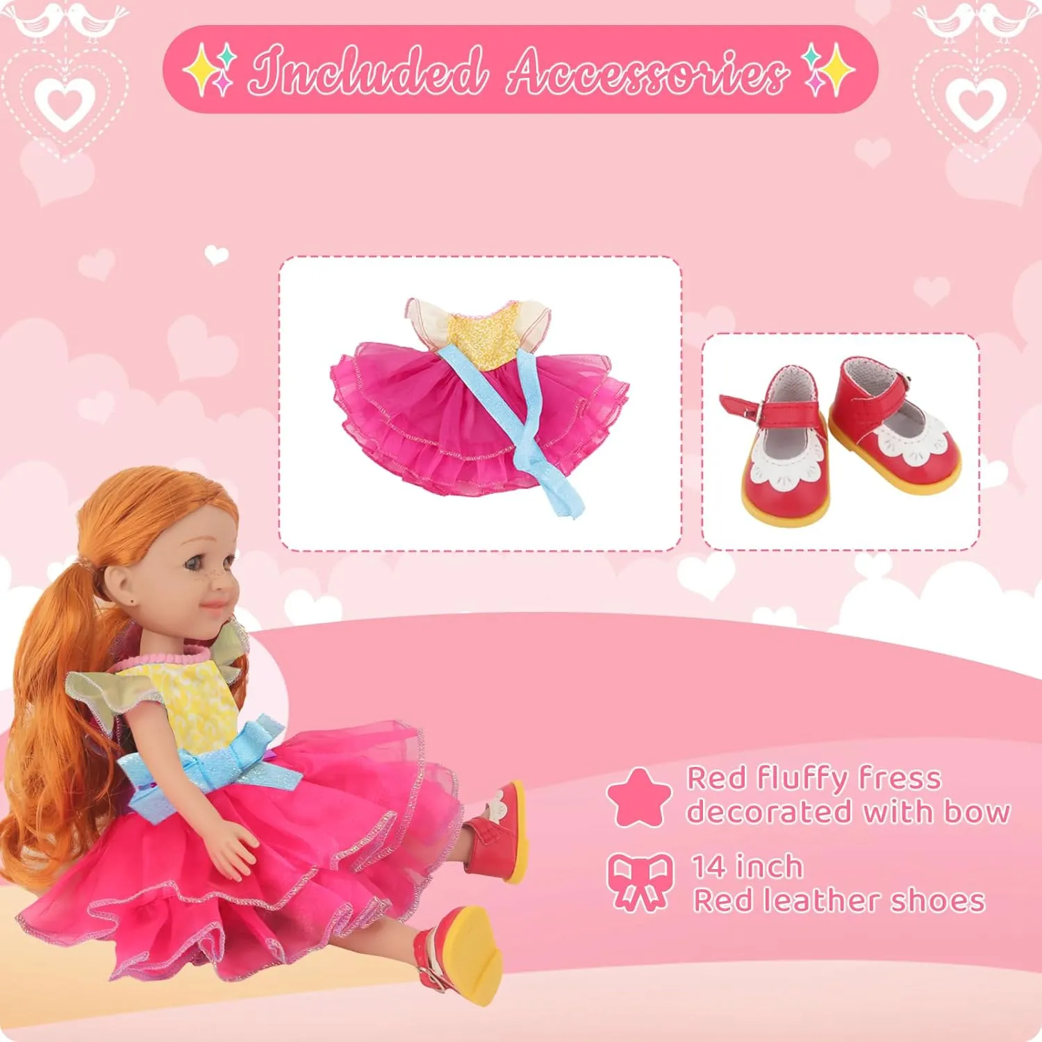 14 Inch Girl Doll - Sophie, Long Blonde Curly Hair, Pretty Light Brown Eyes, Freckles on Face, 14-Inch Fashion Girl Doll in Fluffy Dress and Red Leather Princess Shoes, Dolls for 3  Year Girls