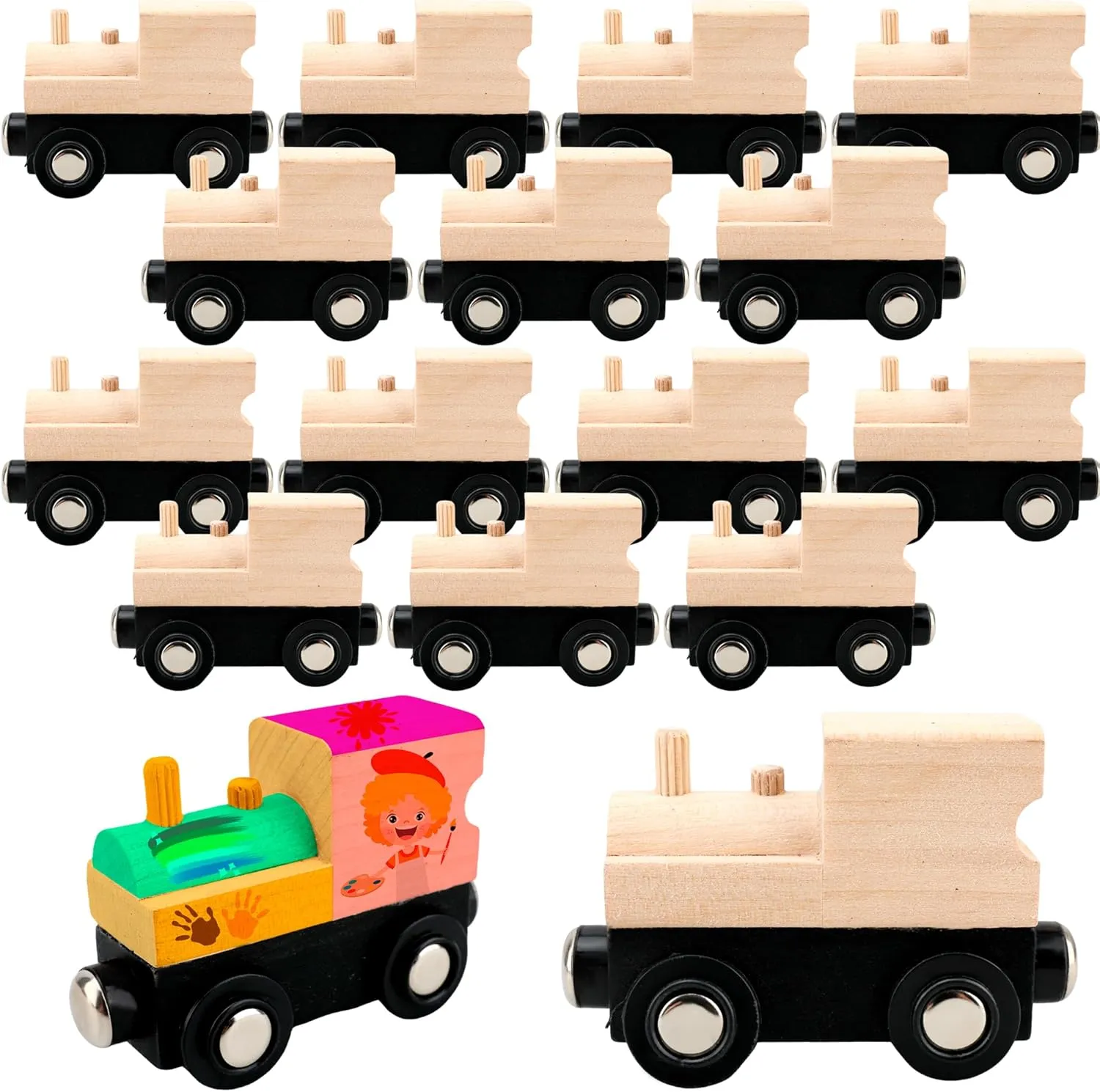 16 Pcs Wooden Train Cars DIY Unfinished Magnetic Train Cars Toys for Train Theme Party Decorations Birthday Supplies DIY Crafts Projects