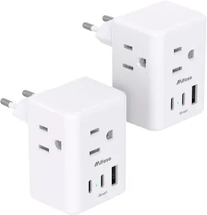 2 Pack European Travel Plug Adapter, International Power Plug Adapter with 3 Outlets 3 USB Charging Ports(2 USB C), Type C Plug Adapter Travel Essentials to Most Europe EU Spain Italy France Germany