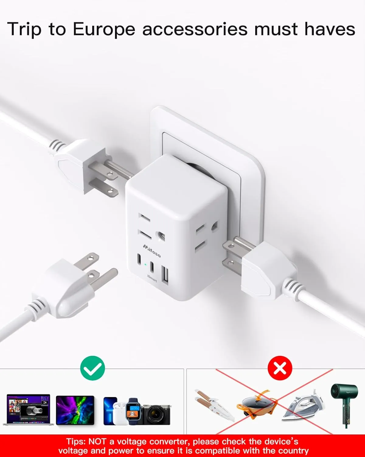 2 Pack European Travel Plug Adapter, International Power Plug Adapter with 3 Outlets 3 USB Charging Ports(2 USB C), Type C Plug Adapter Travel Essentials to Most Europe EU Spain Italy France Germany