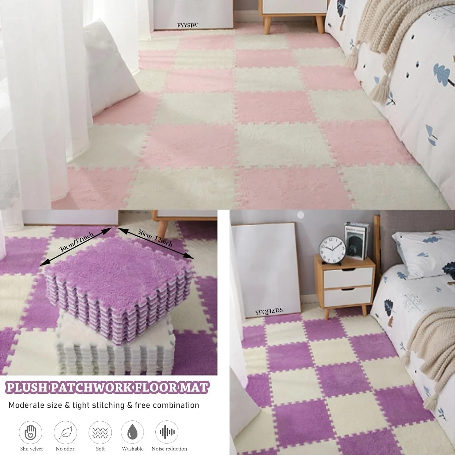 20pcs 30cm Plush Foam Floor Mats,10mm Thick Foam Play Mat,Fluffy Plush Interlocking Foam Mat Set,Puzzle Carpet Square Area Rugs for Floor Protection(Color:Apricot   White)