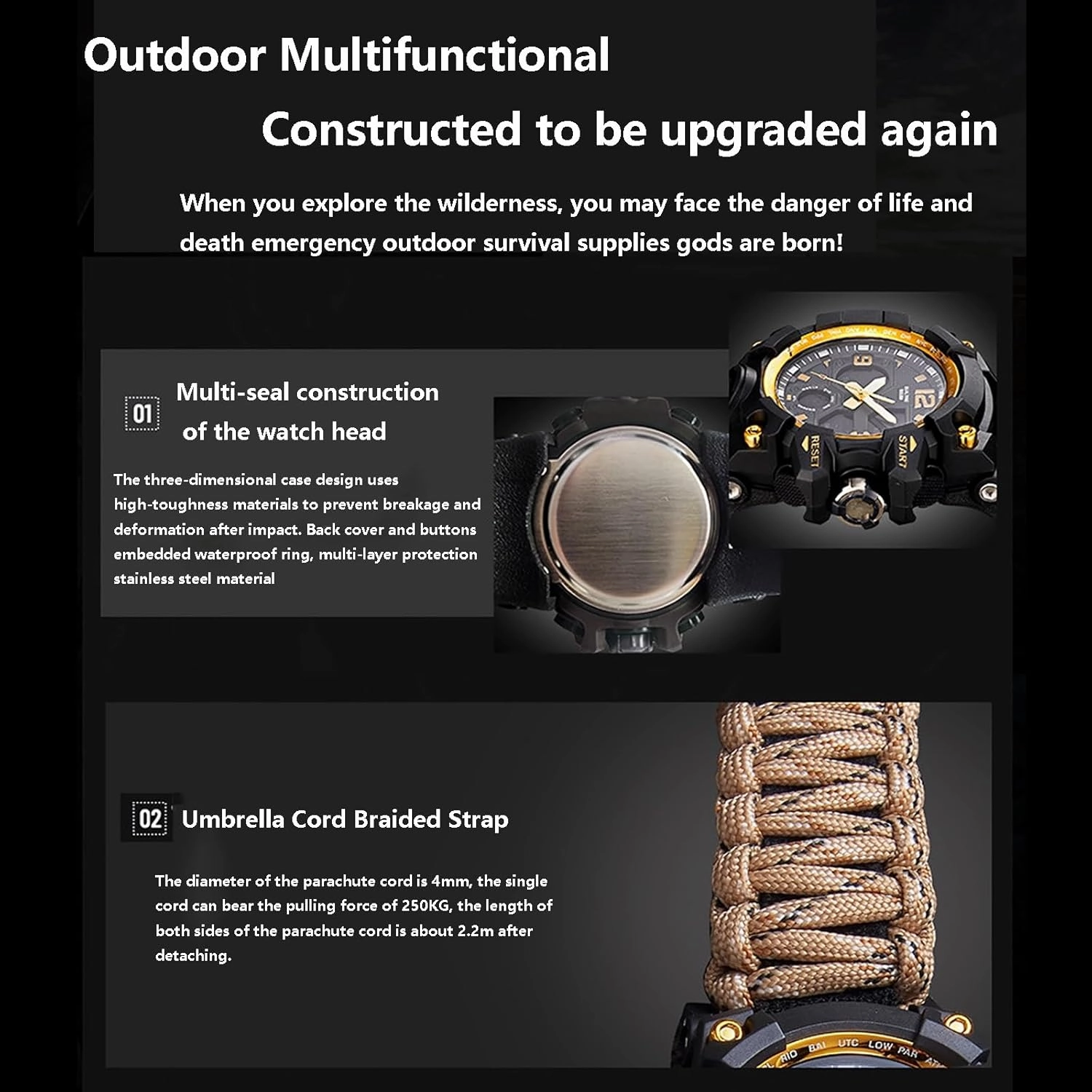 23-in-1 Survival Military Digital Watch, Mens Tactical Multi-Functional and Adjustable Wristband Outdoors Waterproof Sports Watches with Compass Paracord Band