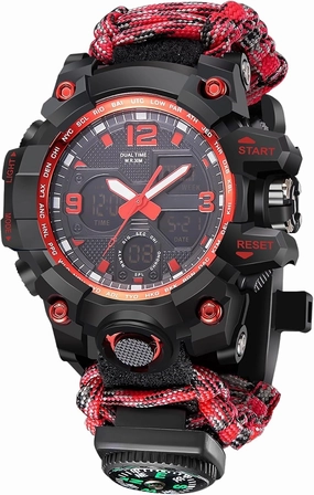23-in-1 Survival Military Digital Watch, Mens Tactical Multi-Functional and Adjustable Wristband Outdoors Waterproof Sports Watches with Compass Paracord Band