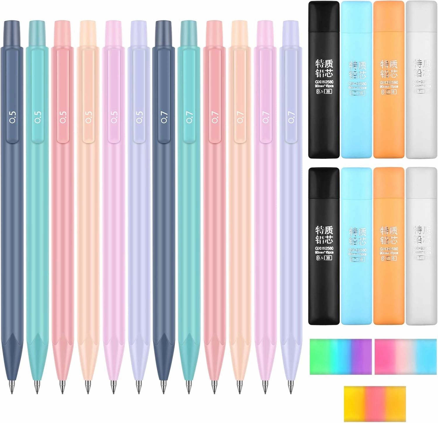 23 Pcs Cute Mechanical Pencils Set, 12 Pcs Pastel Mechanical Pencils 0.5mm and 0.7mm Aesthetic School Supplies with 8 Tubes Pencil Refills and 3 Pcs Erasers for Kids Students Writing Drawing Sketching