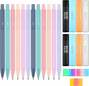 23 Pcs Cute Mechanical Pencils Set, 12 Pcs Pastel Mechanical Pencils 0.5mm and 0.7mm Aesthetic School Supplies with 8 Tubes Pencil Refills and 3 Pcs Erasers for Kids Students Writing Drawing Sketching