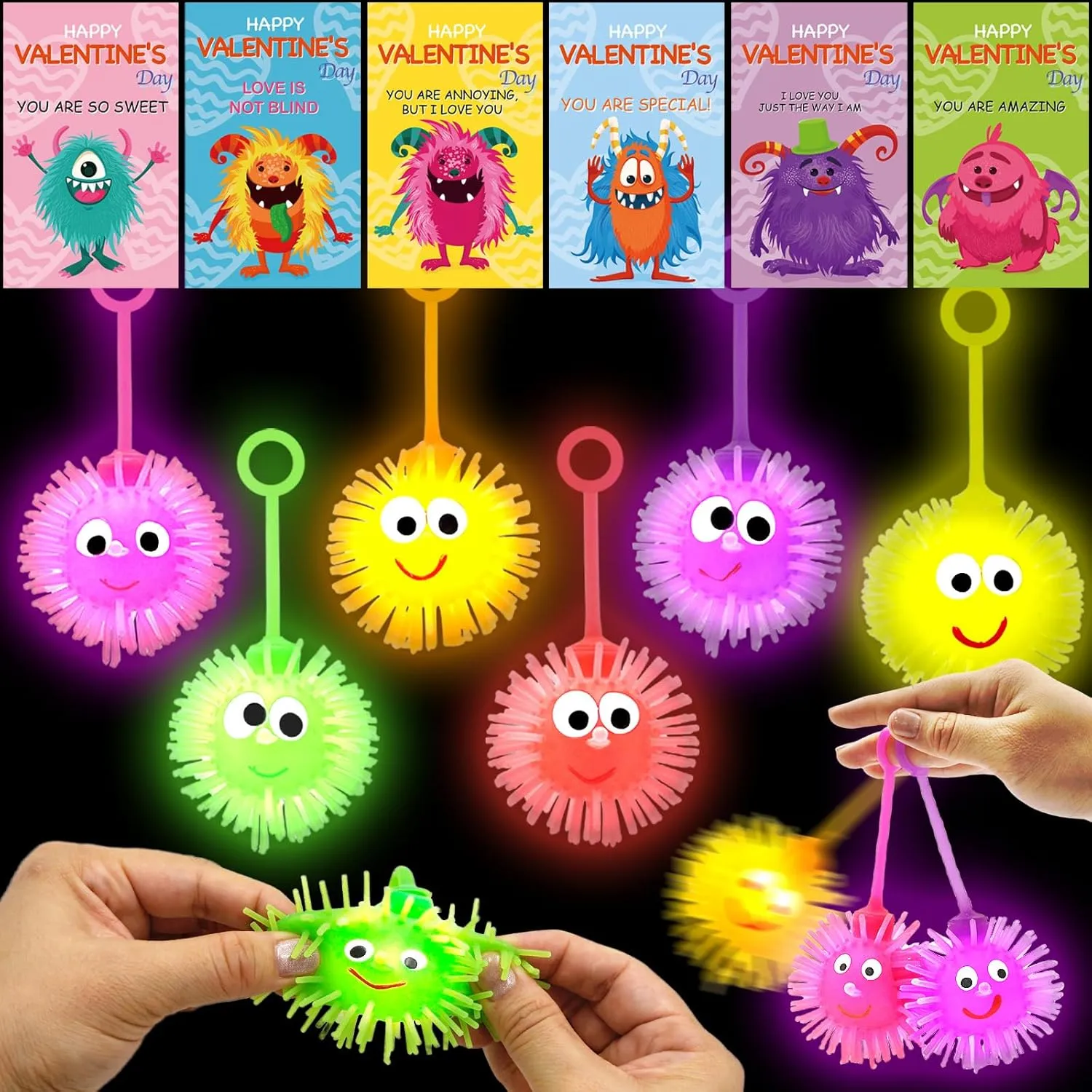 24 Pack Valentines Day Gifts for Kids, LED Light up Balls with Valentines Cards Flashing Spiky Ball Toys Bulk Glow in The Dark for Kids Boys Girls Classroom Exchange Prizes Party Favors Toys