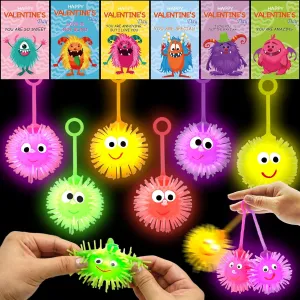24 Pack Valentines Day Gifts for Kids, LED Light up Balls with Valentines Cards Flashing Spiky Ball Toys Bulk Glow in The Dark for Kids Boys Girls Classroom Exchange Prizes Party Favors Toys