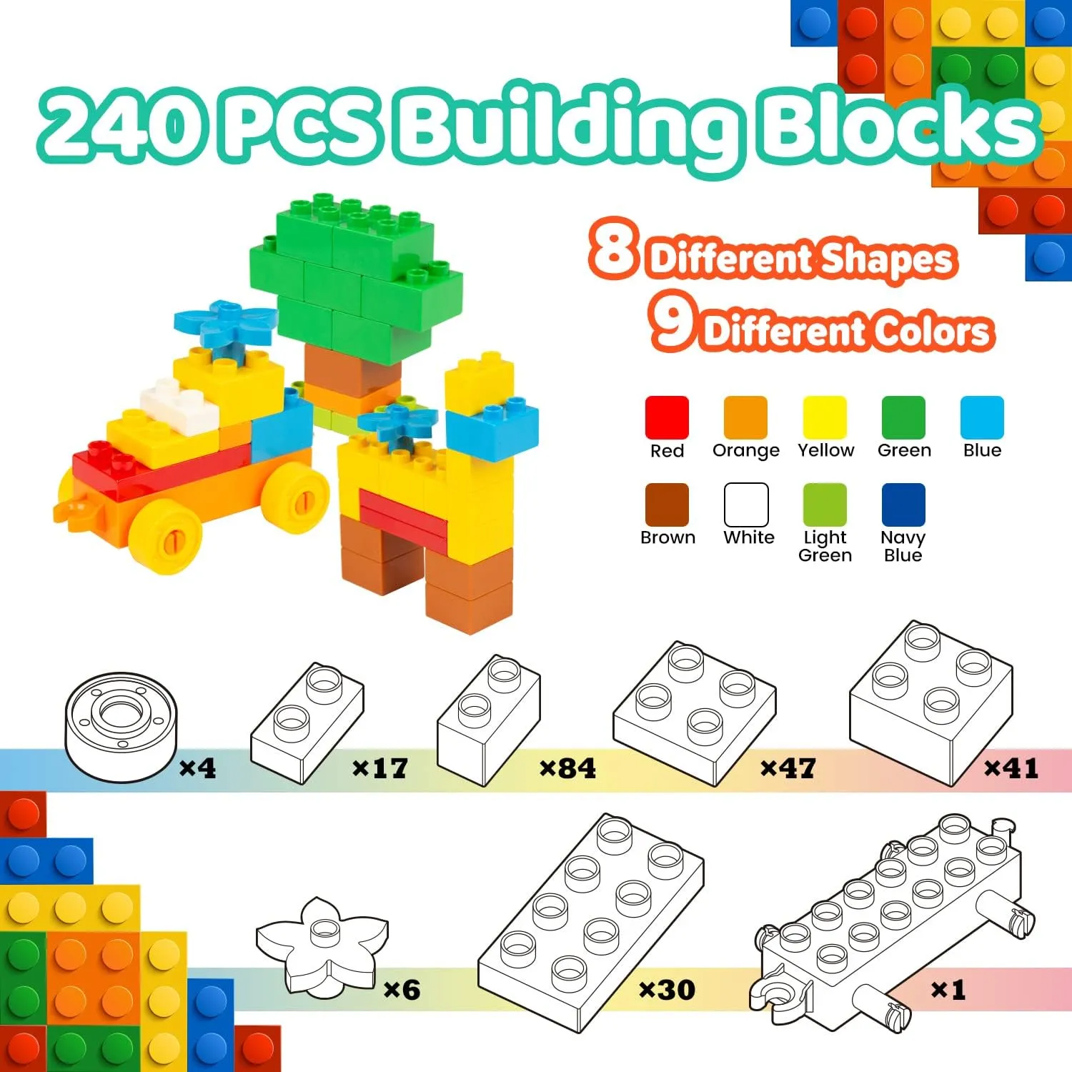 240 Piece Large Building Blocks for Toddlers 3 and up, Classic Building Bricks Set for Kids of All Ages, Compatible with Major Building Systems.