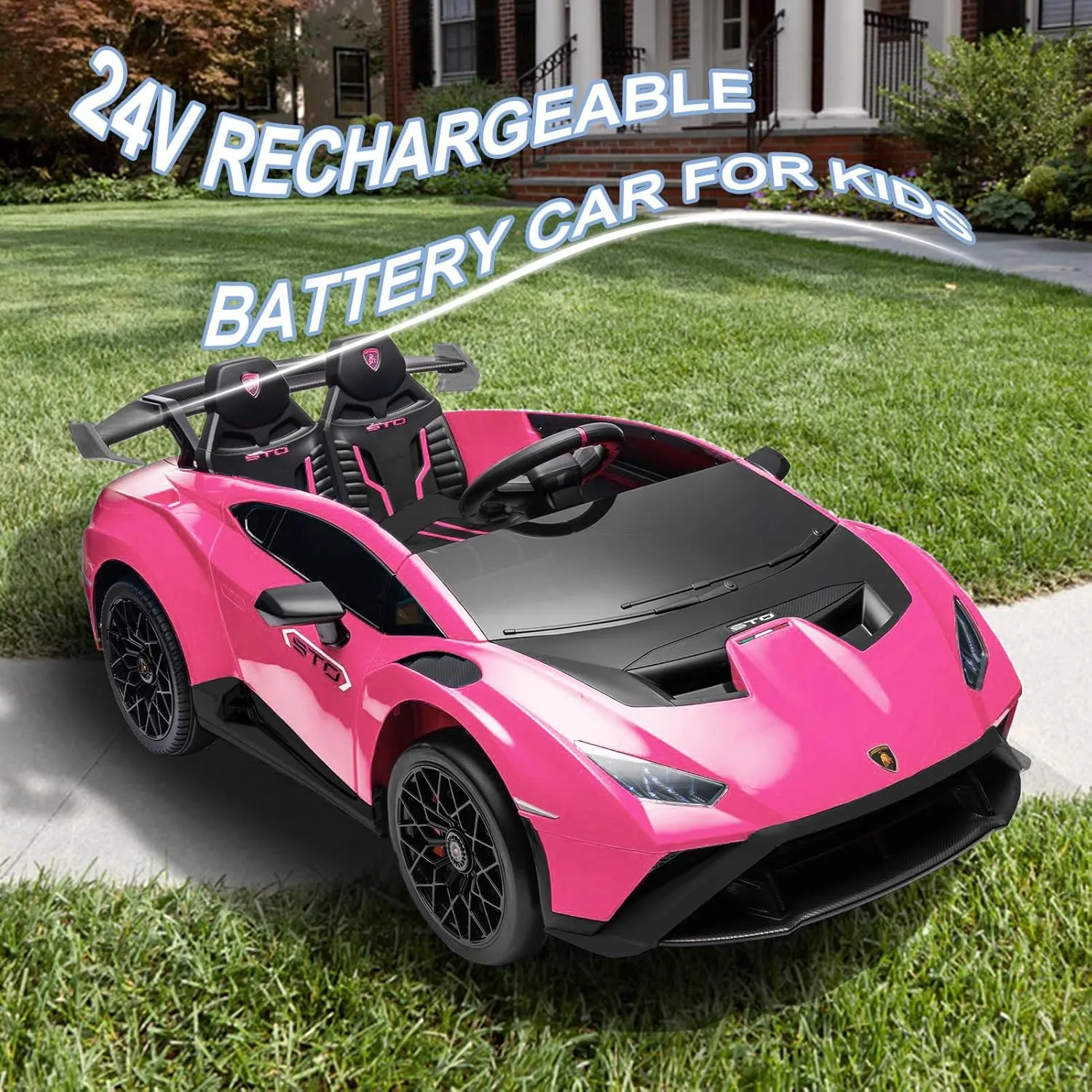 24V Kids Ride on Car, Compatible for Lamborghini Electric Car, Licensed Lamborghini Huracan STO with 4 Wheels Sports Car Toys with LED Headlights, Remote Control &Two-Point Safety Belt,Pink