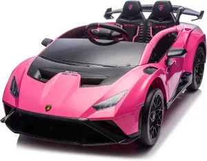24V Kids Ride on Car, Compatible for Lamborghini Electric Car, Licensed Lamborghini Huracan STO with 4 Wheels Sports Car Toys with LED Headlights, Remote Control &Two-Point Safety Belt,Pink