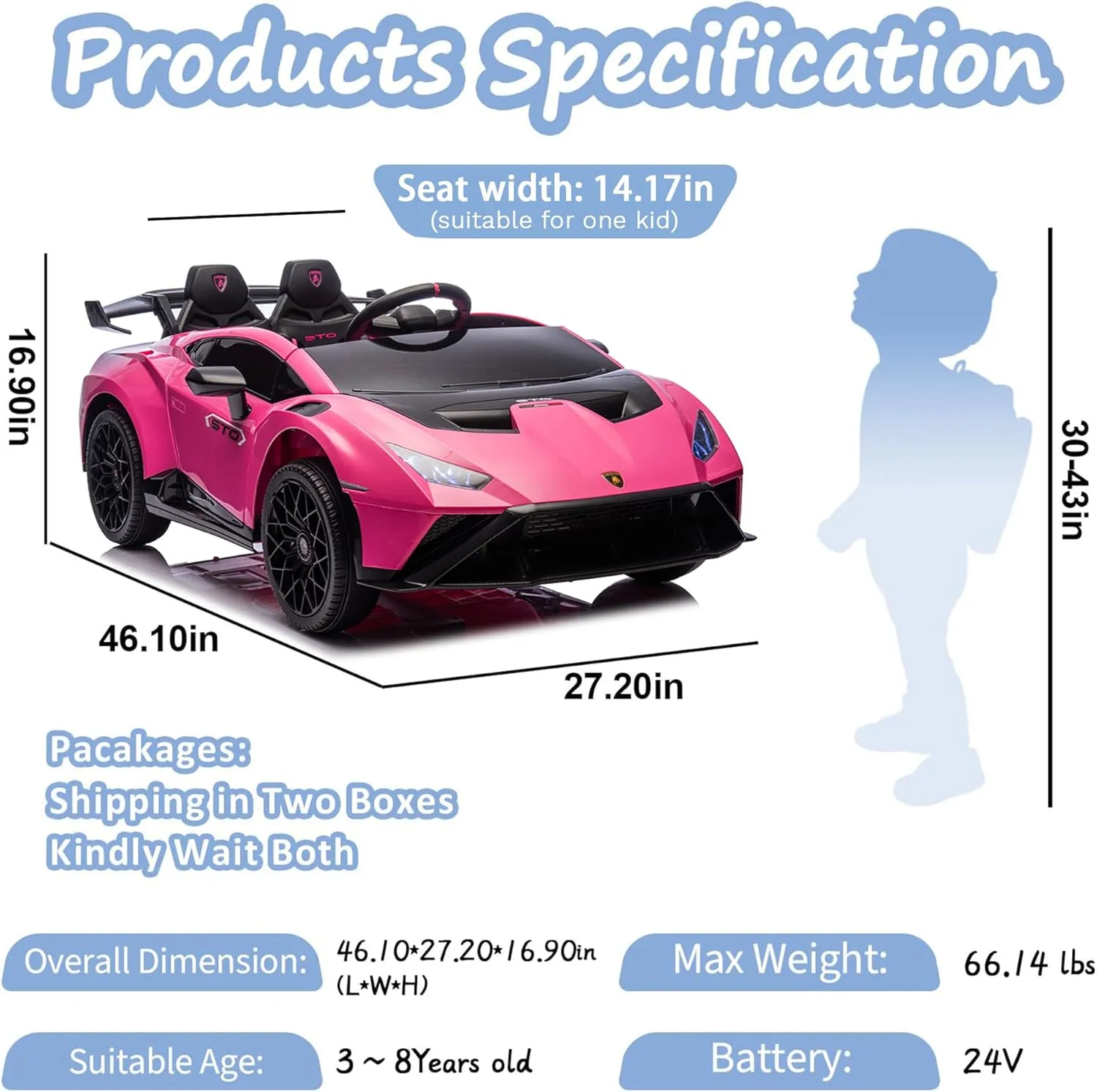 24V Kids Ride on Car, Compatible for Lamborghini Electric Car, Licensed Lamborghini Huracan STO with 4 Wheels Sports Car Toys with LED Headlights, Remote Control &Two-Point Safety Belt,Pink