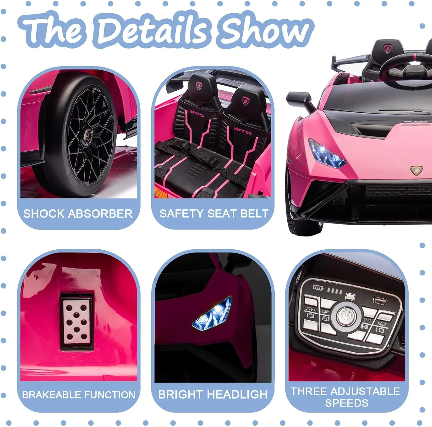 24V Kids Ride on Car, Compatible for Lamborghini Electric Car, Licensed Lamborghini Huracan STO with 4 Wheels Sports Car Toys with LED Headlights, Remote Control &Two-Point Safety Belt,Pink