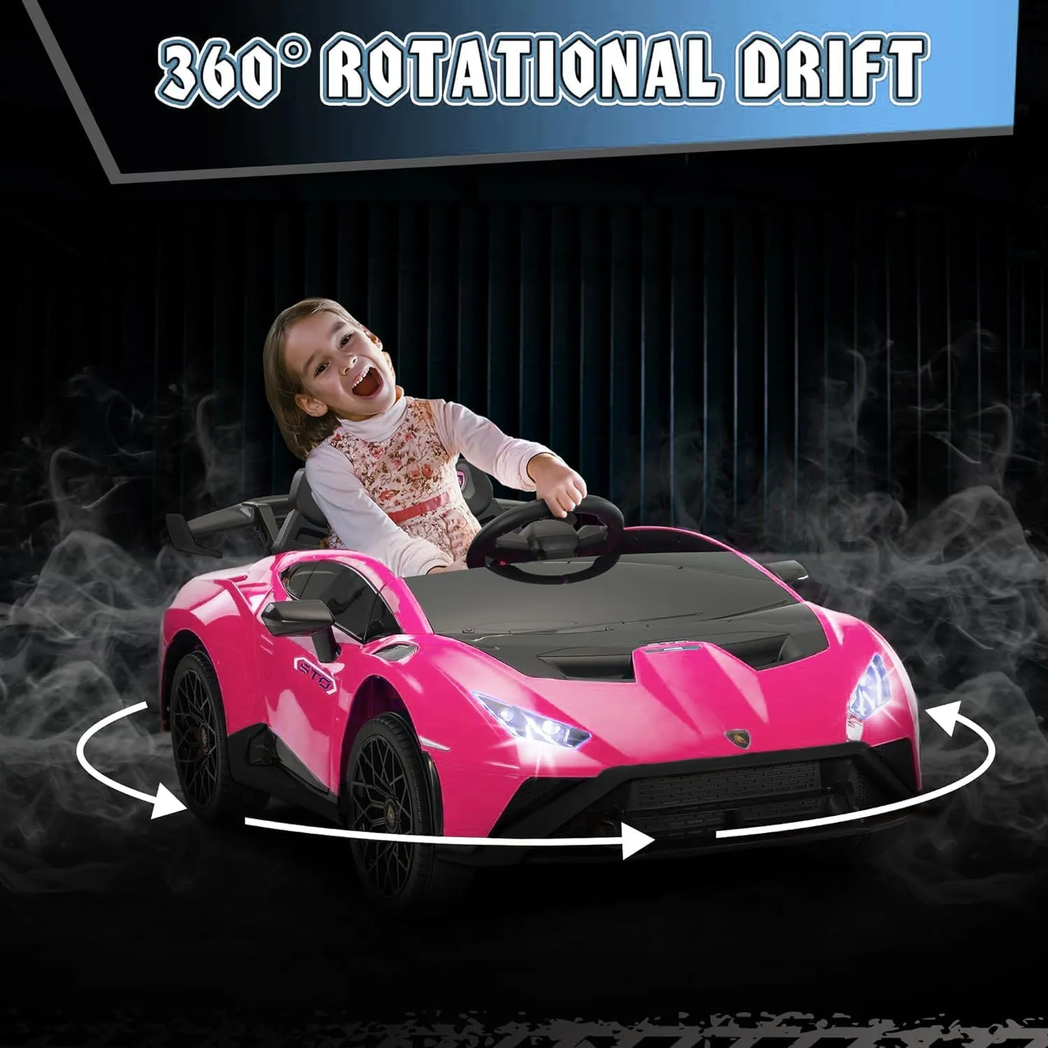24V Kids Ride on Car, Compatible for Lamborghini Electric Car, Licensed Lamborghini Huracan STO with 4 Wheels Sports Car Toys with LED Headlights, Remote Control &Two-Point Safety Belt,Pink