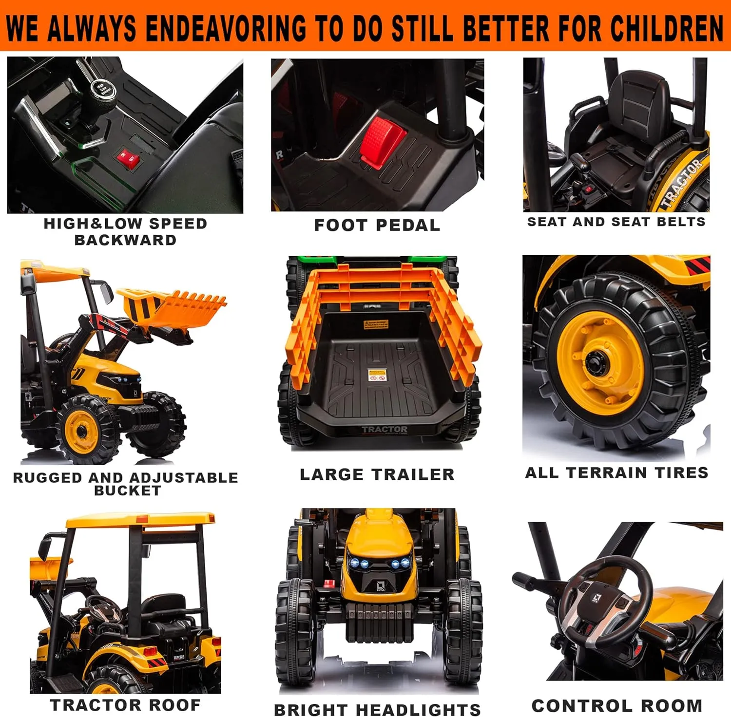 24V Kids Ride on Tractor with Trailer & Front Loader, 3 In1 Tractor 4-Gearbox 24volt Dual Motors Metal Frame, 24V Ride on Toys for Big Kids, Power Wheels Kids Electric Vehicles (Yellow)