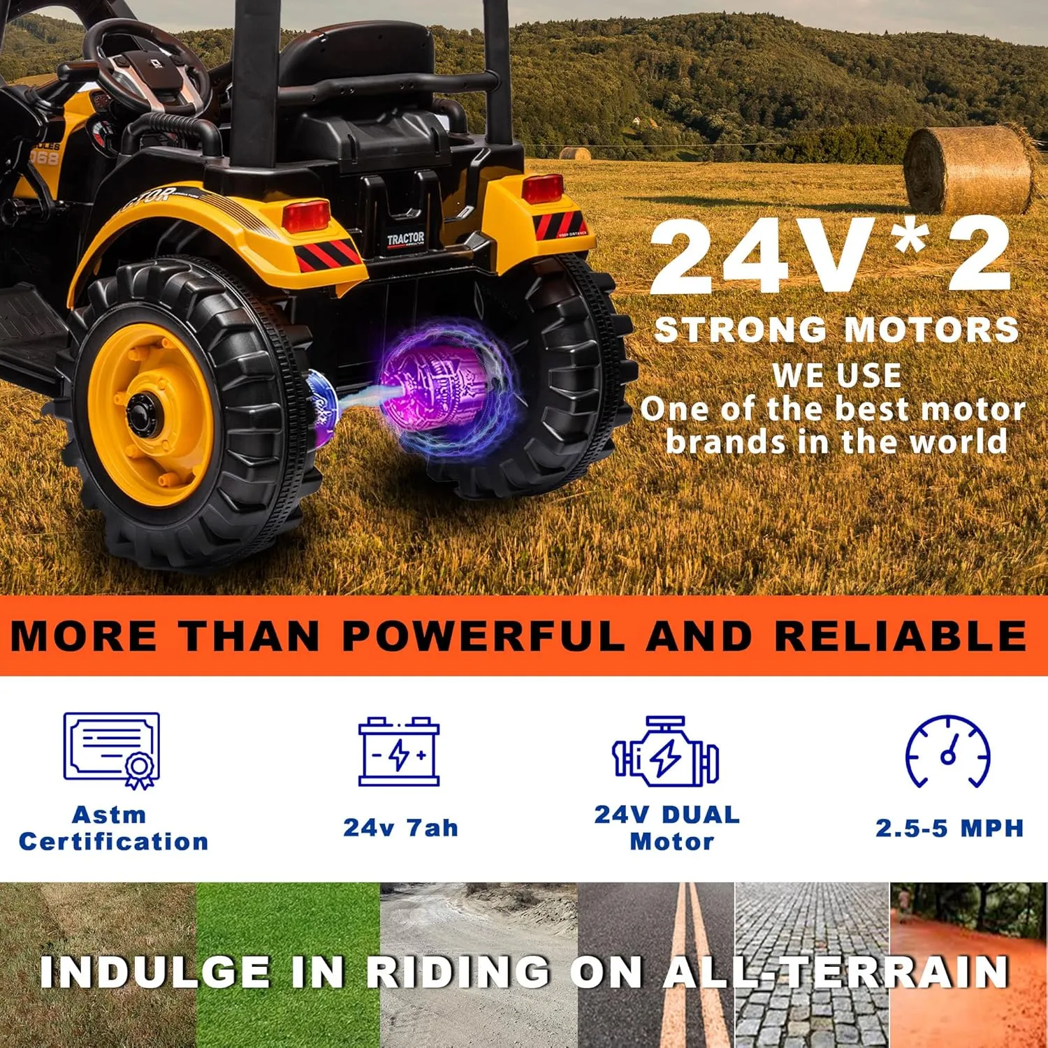 24V Kids Ride on Tractor with Trailer & Front Loader, 3 In1 Tractor 4-Gearbox 24volt Dual Motors Metal Frame, 24V Ride on Toys for Big Kids, Power Wheels Kids Electric Vehicles (Yellow)