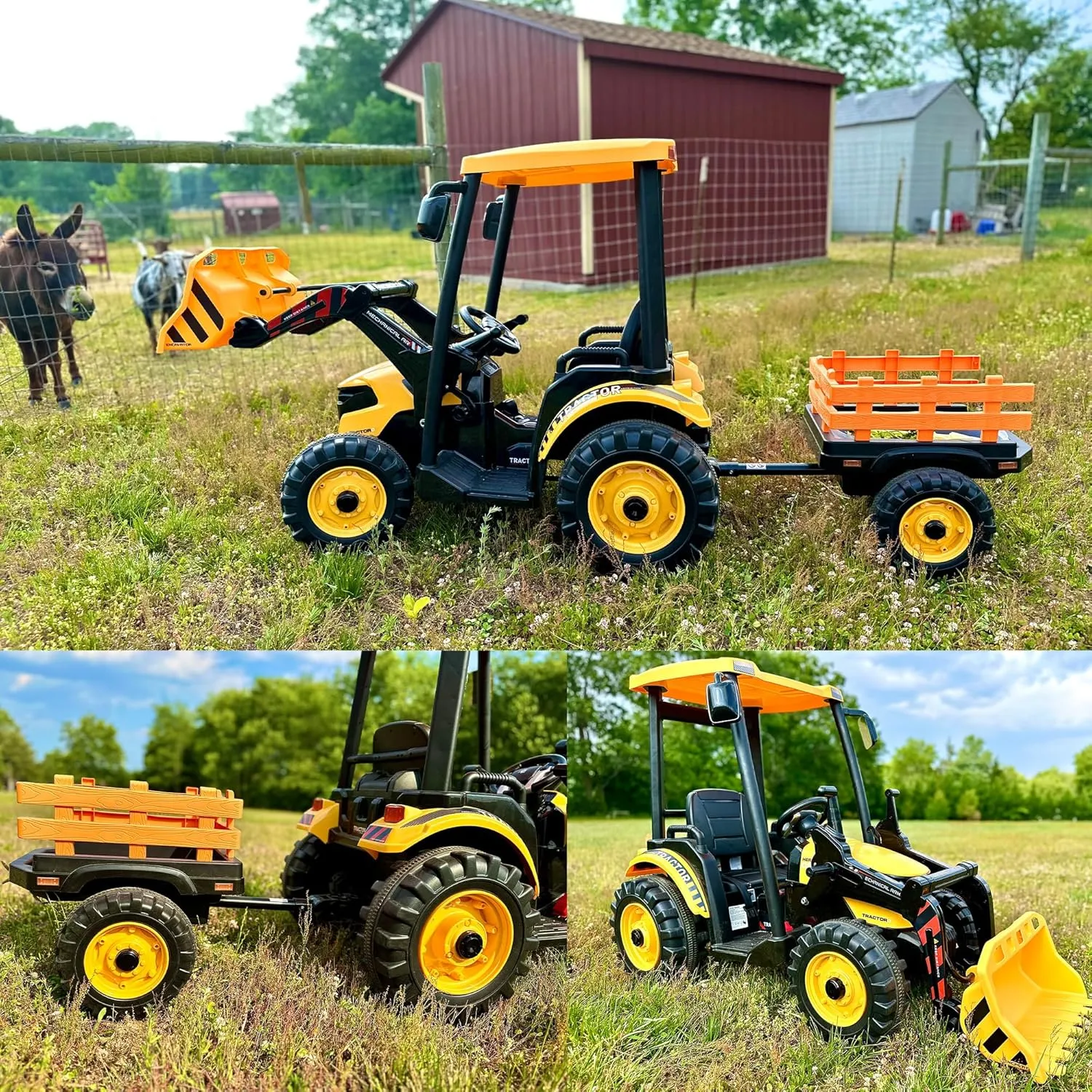 24V Kids Ride on Tractor with Trailer & Front Loader, 3 In1 Tractor 4-Gearbox 24volt Dual Motors Metal Frame, 24V Ride on Toys for Big Kids, Power Wheels Kids Electric Vehicles (Yellow)