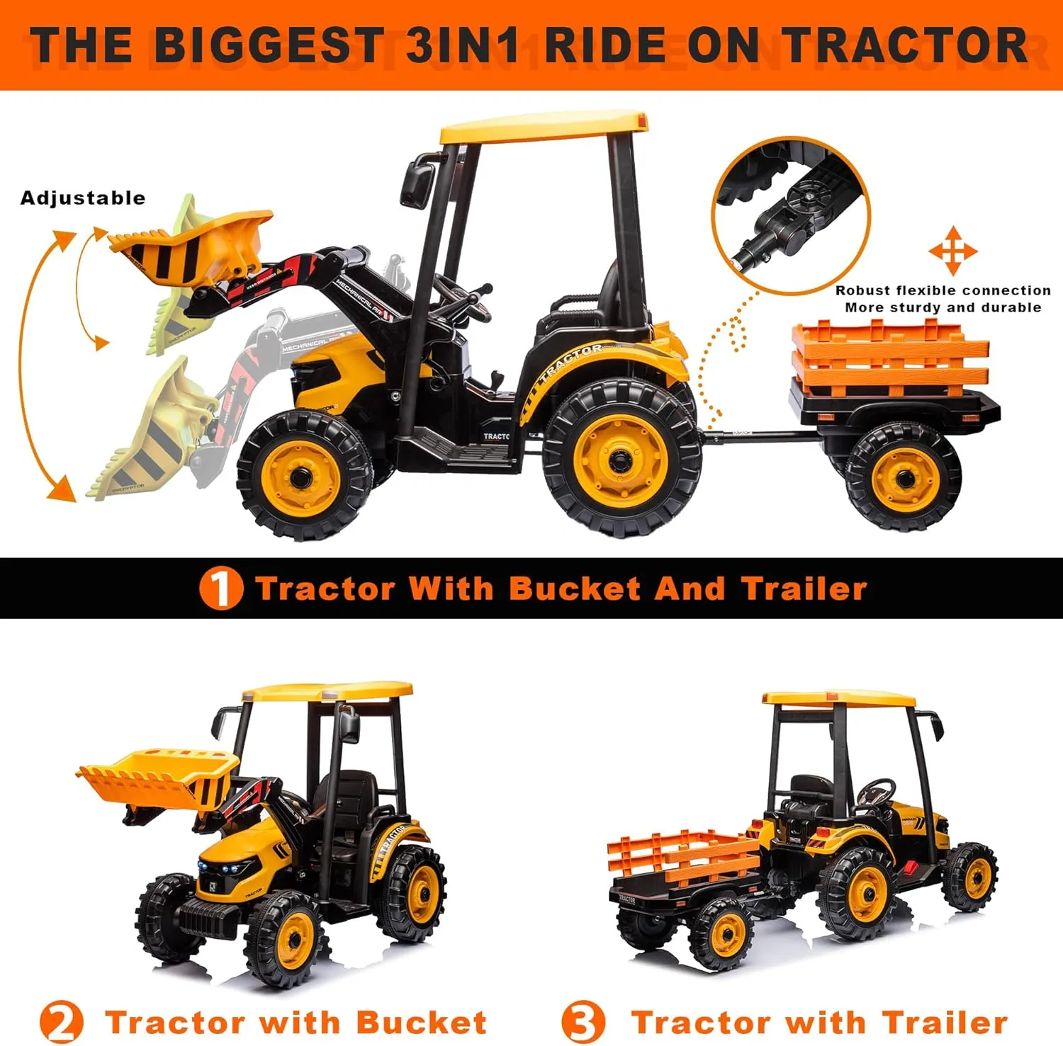 24V Kids Ride on Tractor with Trailer & Front Loader, 3 In1 Tractor 4-Gearbox 24volt Dual Motors Metal Frame, 24V Ride on Toys for Big Kids, Power Wheels Kids Electric Vehicles (Yellow)