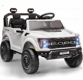 24V Kids Ride On Truck, Licensed Ford F-150 Raptor 2 Seater Electric Car w/Remote Control, Toddler Ride On Car Toys w/LED Lights, Bluetooth, Music, Truck Bed Storage, Soft Start (White)
