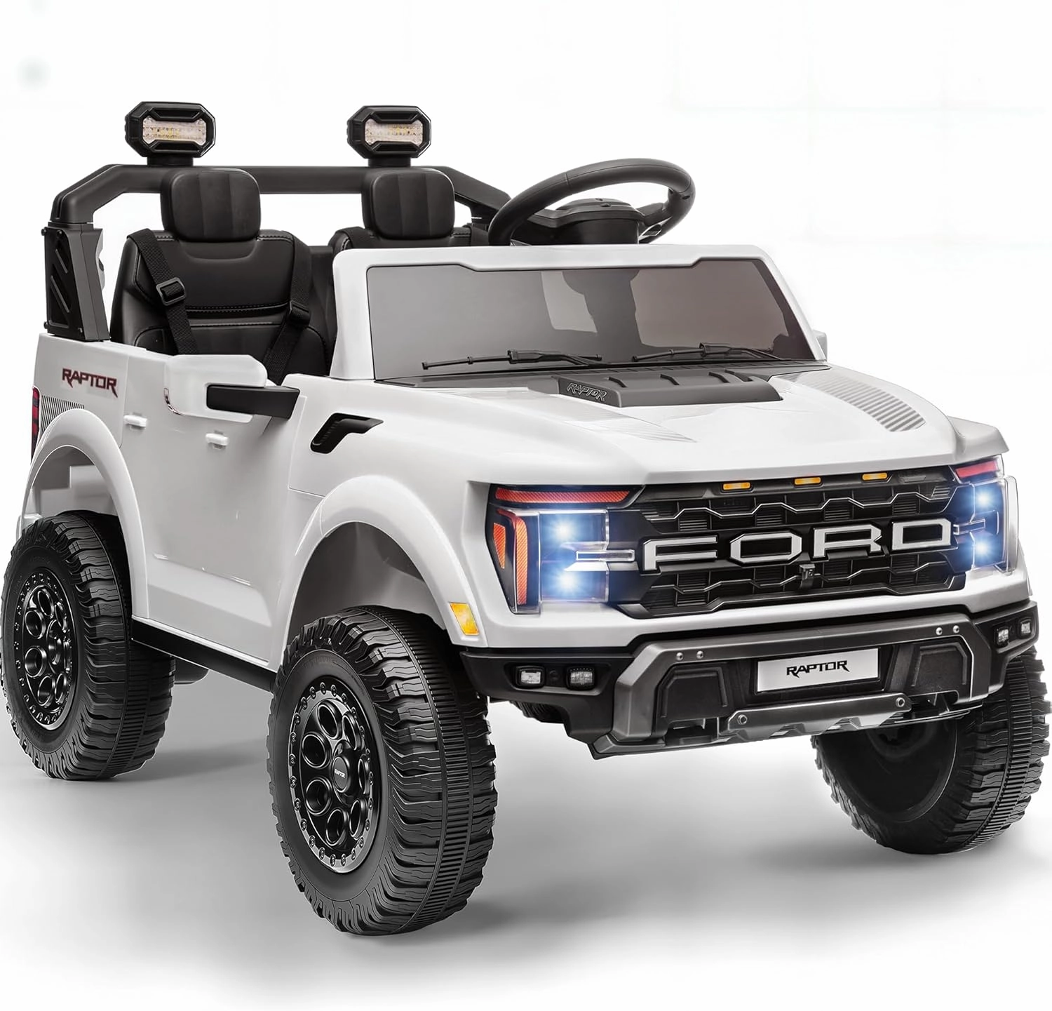 24V Kids Ride On Truck, Licensed Ford F-150 Raptor 2 Seater Electric Car w/Remote Control, Toddler Ride On Car Toys w/LED Lights, Bluetooth, Music, Truck Bed Storage, Soft Start (White)
