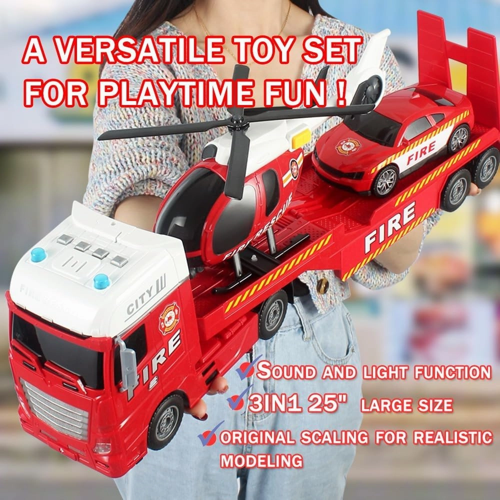 25.6" Big fire Tow Truck Toys Push & Go Construction Trucks 3 in 1 Includes Fire Police car Helicopter in Semi Carrier Truck for Toddlers,Plastic Toy,Gift for Age 3 