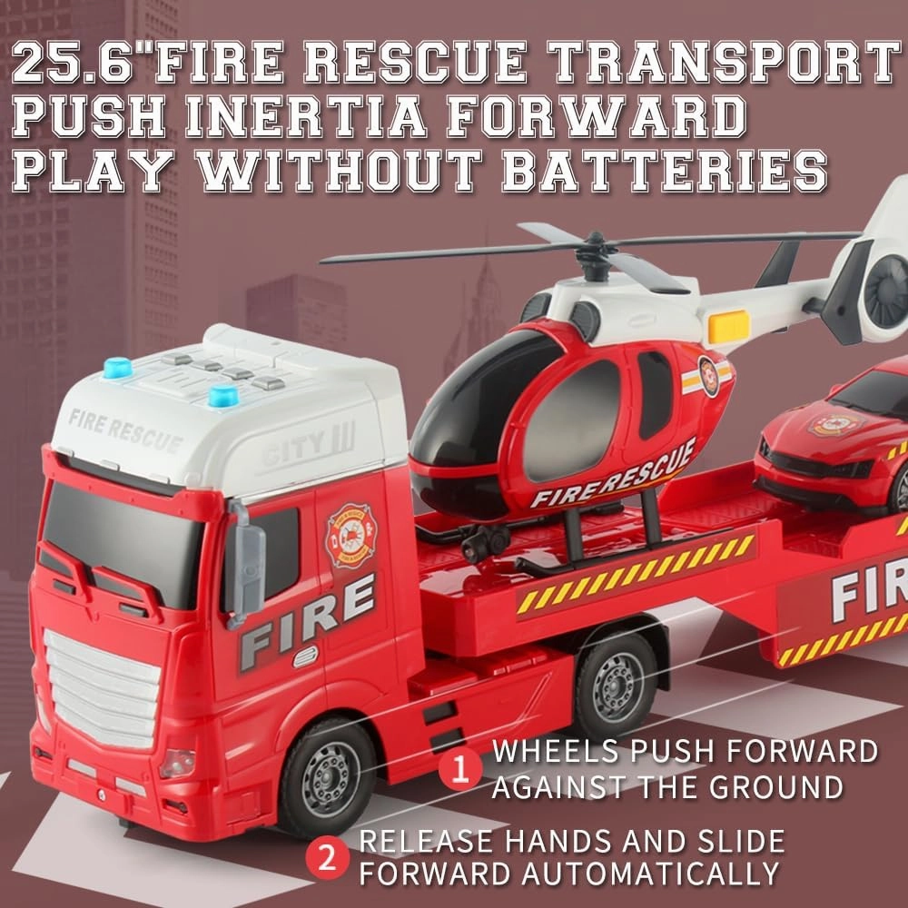 25.6" Big fire Tow Truck Toys Push & Go Construction Trucks 3 in 1 Includes Fire Police car Helicopter in Semi Carrier Truck for Toddlers,Plastic Toy,Gift for Age 3 