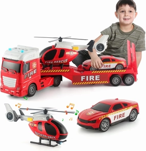 25.6" Big fire Tow Truck Toys Push & Go Construction Trucks 3 in 1 Includes Fire Police car Helicopter in Semi Carrier Truck for Toddlers,Plastic Toy,Gift for Age 3 