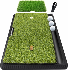 2-in-1 Golf Hitting Mat with Integrated Ball Tray, 2 Replaceable Turfs and High-Stability Weighted Rubber Base for Realistic Golf Practice
