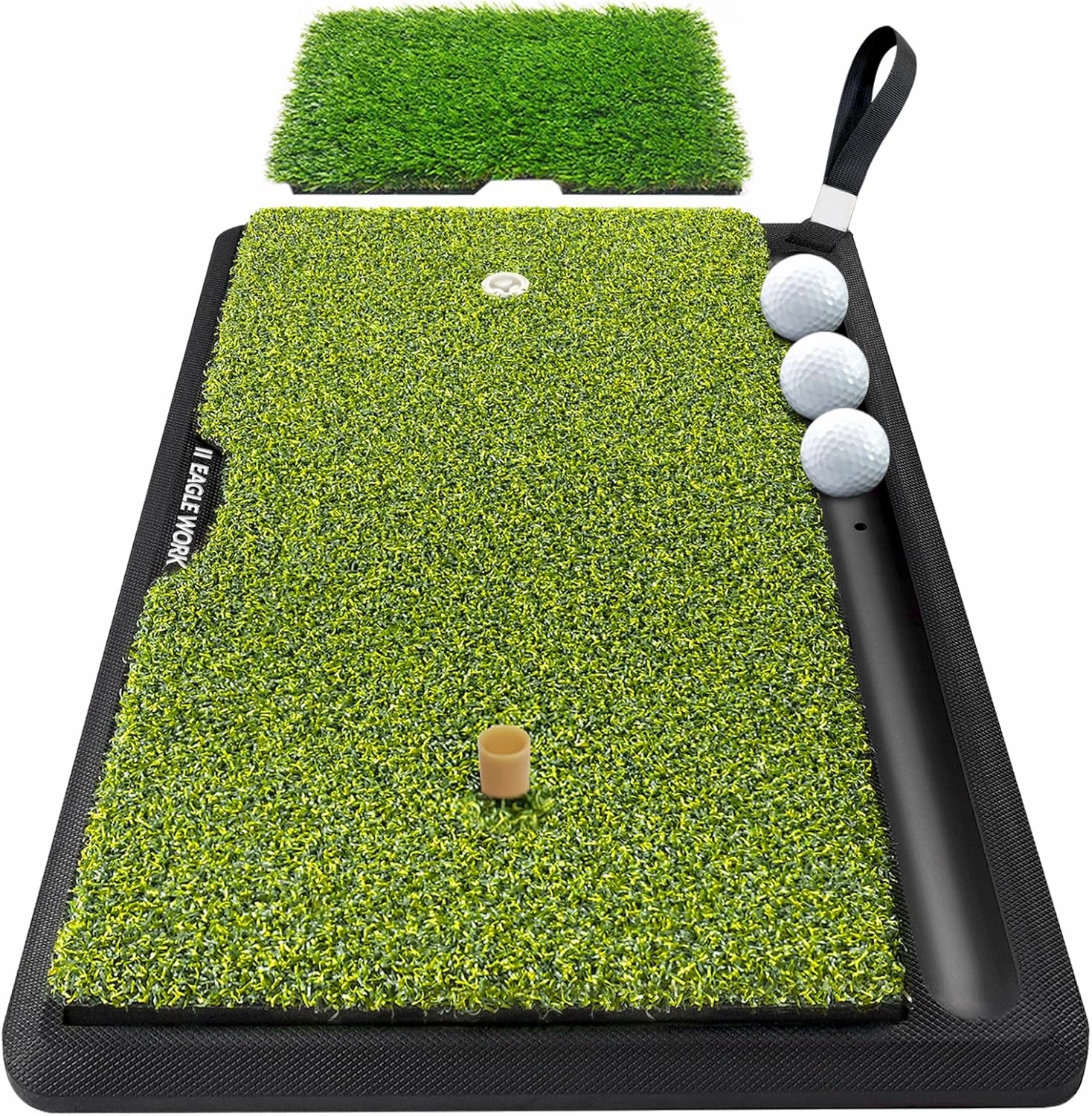 2-in-1 Golf Hitting Mat with Integrated Ball Tray, 2 Replaceable Turfs and High-Stability Weighted Rubber Base for Realistic Golf Practice