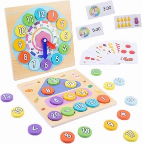 2 IN 1 Wooden Number Puzzles, Montessori Clock Toy (with 10 Reversible Cards, Blocks, Turn & Tell), Math Manipulatives Teaching Time Counting, Early Learning Educational Gift for Preschool Kids