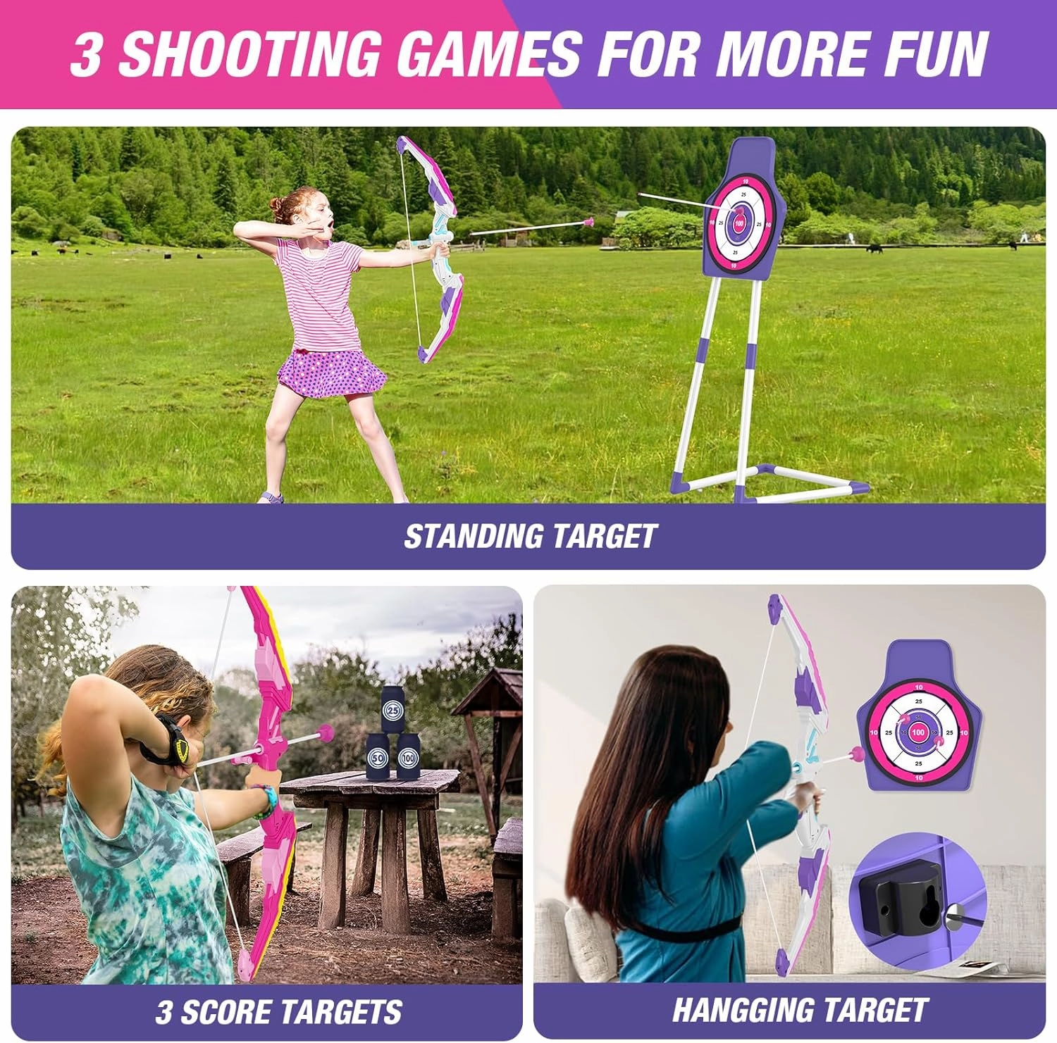 2 Pack Bow and Arrow for Kids 4-6, LED Light Up Archery Set with 24 Suction Cup Arrows, 1 Standing Target, 6 Score Targets & 2 Quiver, Indoor Outdoor Sport Gifts for Girls Ages 8-12