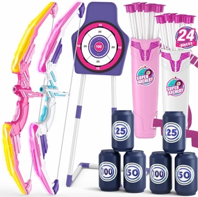 2 Pack Bow and Arrow for Kids 4-6, LED Light Up Archery Set with 24 Suction Cup Arrows, 1 Standing Target, 6 Score Targets & 2 Quiver, Indoor Outdoor Sport Gifts for Girls Ages 8-12