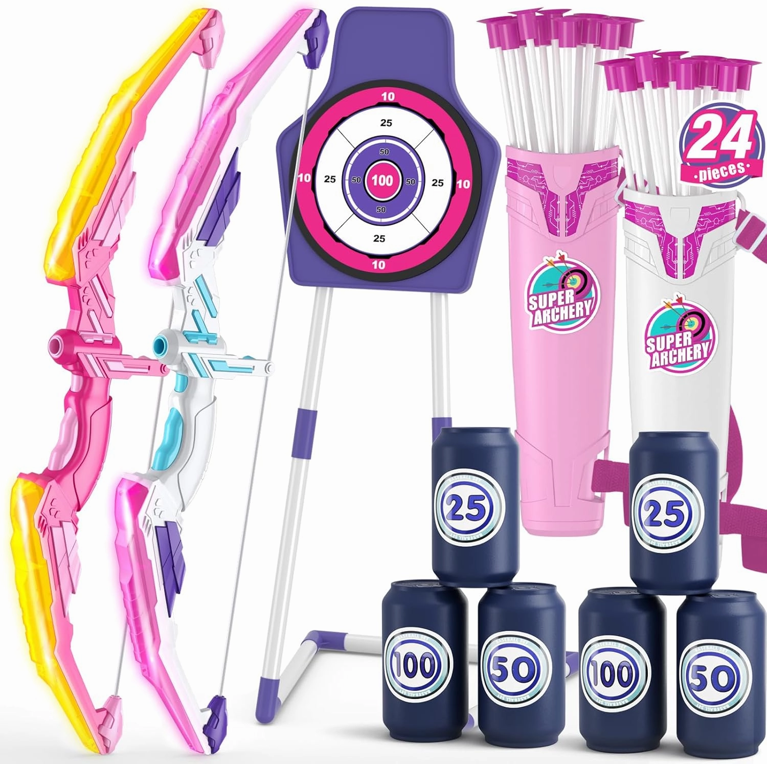 2 Pack Bow and Arrow for Kids 4-6, LED Light Up Archery Set with 24 Suction Cup Arrows, 1 Standing Target, 6 Score Targets & 2 Quiver, Indoor Outdoor Sport Gifts for Girls Ages 8-12