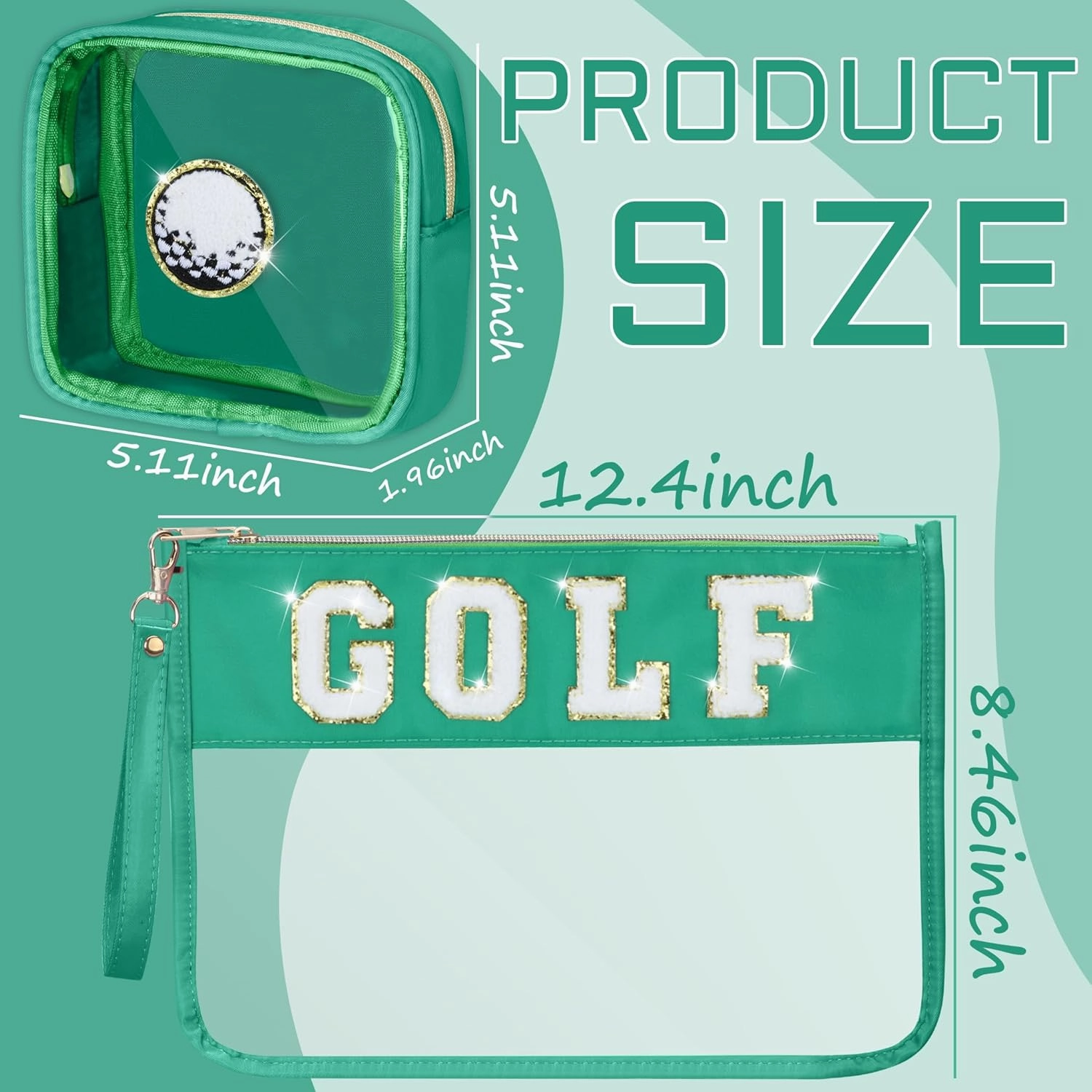2 Pcs Golf Gifts Cosmetic Makeup Bag with Chenille Letter Patch, Clear Pouch PVC Organizer Purse, Waterproof Travel Bag, Portable Toiletry Storage Bag for Her Girls Friends Women