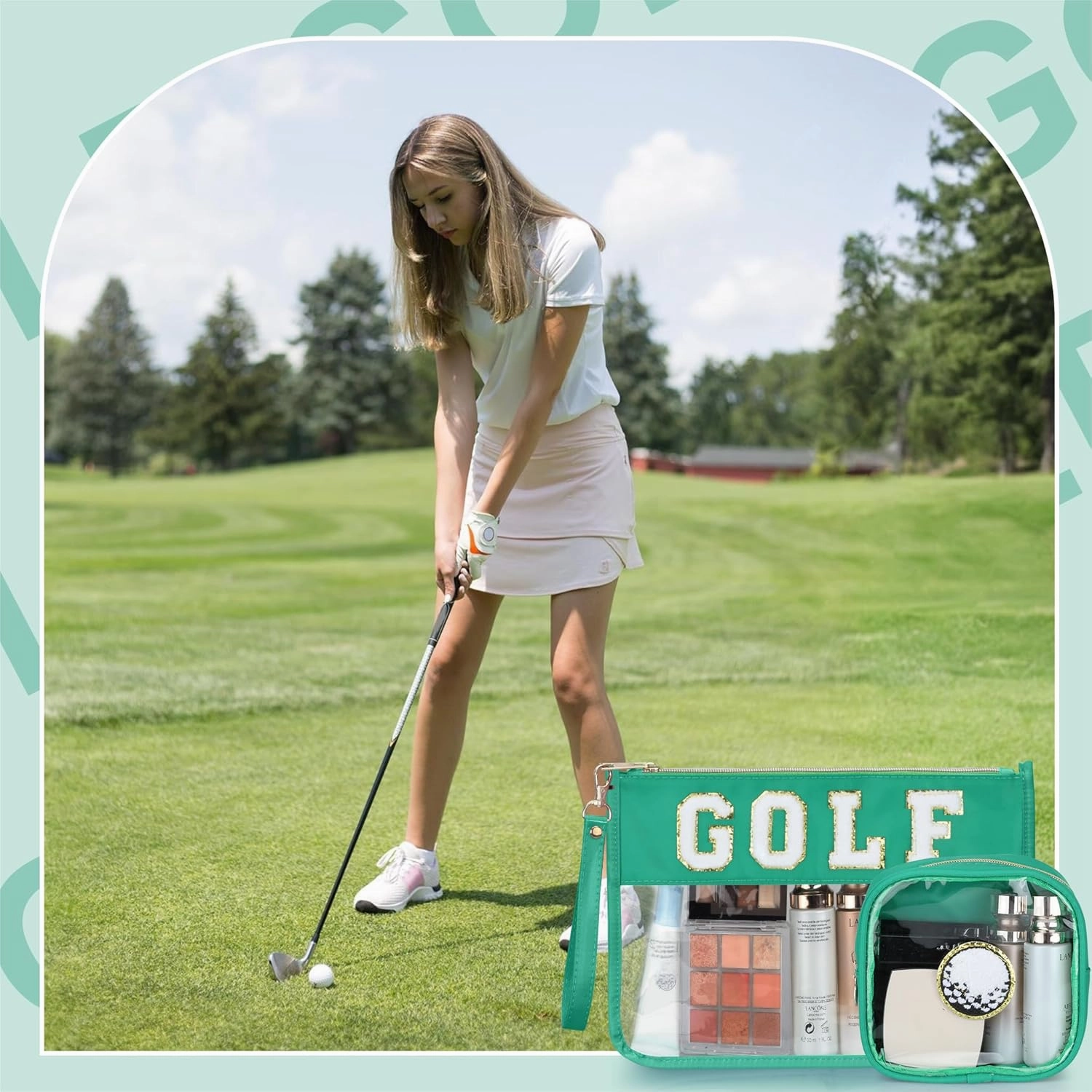 2 Pcs Golf Gifts Cosmetic Makeup Bag with Chenille Letter Patch, Clear Pouch PVC Organizer Purse, Waterproof Travel Bag, Portable Toiletry Storage Bag for Her Girls Friends Women