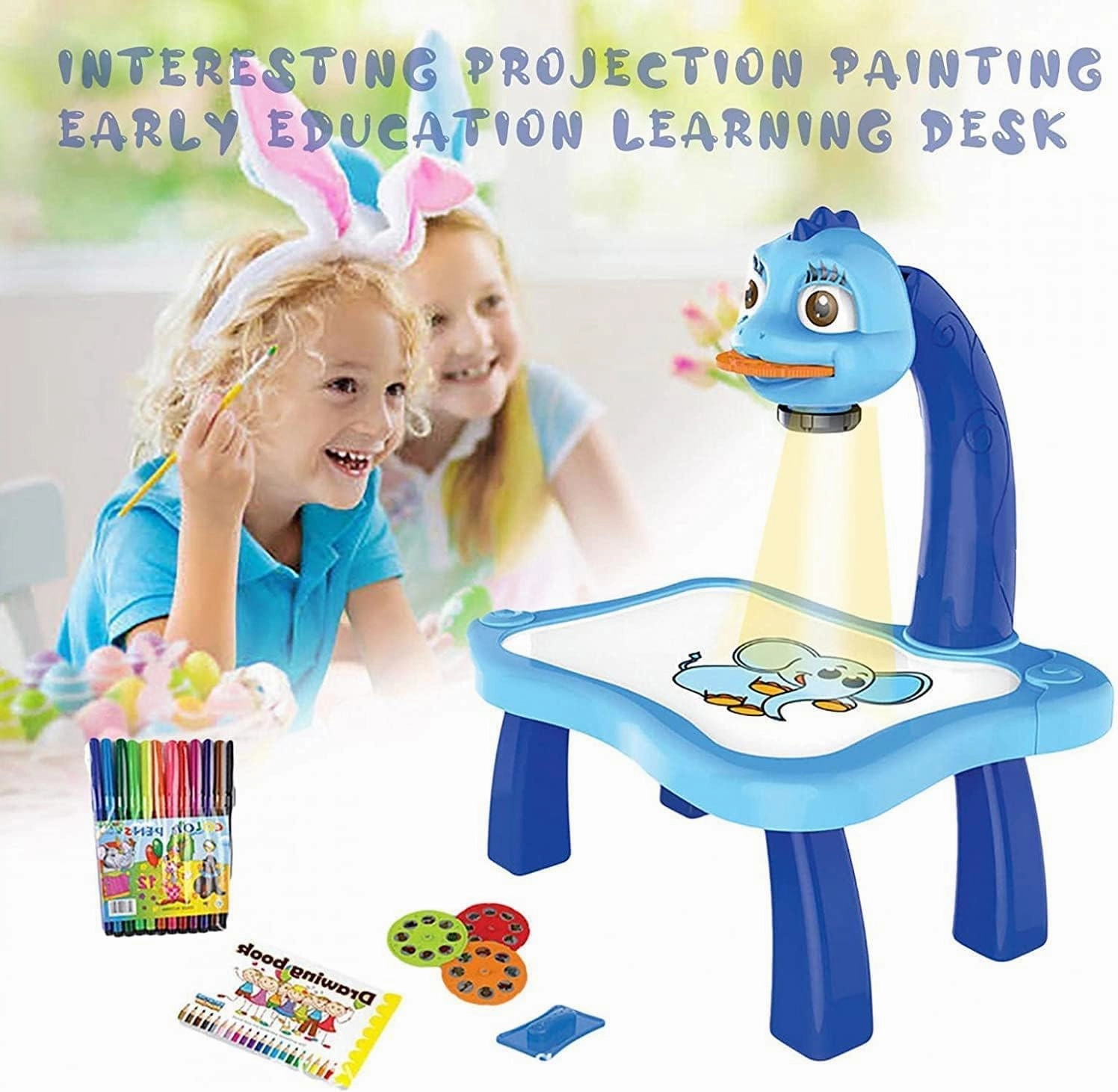 2pcs/Set Drawing Projector for Kids with Flashlight Slide Projector, Projector Drawing Table for Kids Tracing with Light Music Sketcher Desk for Early Art Learning Games Gifts (Blue)