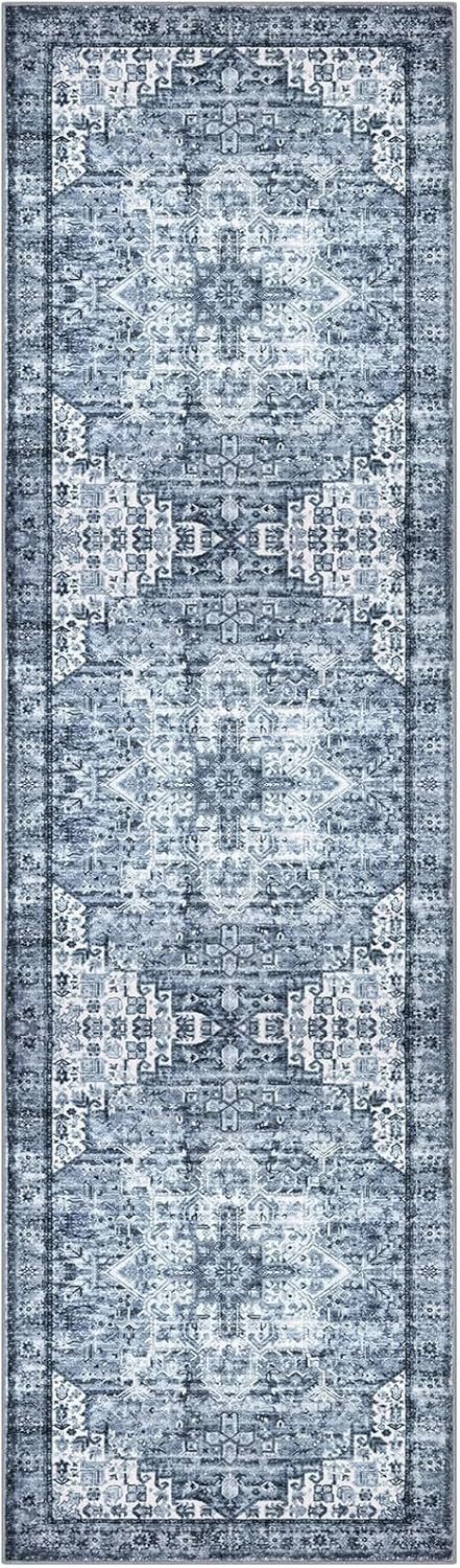 2x7 Blue Washable Rug for Entrance, Soft Printed Area Rug, Non-Slip Kitchen Rugs, Low-Pile Medallion Indoor Door Mat, Small Farmhouse Carpet for Entryway Kitchen Foyer Bedside