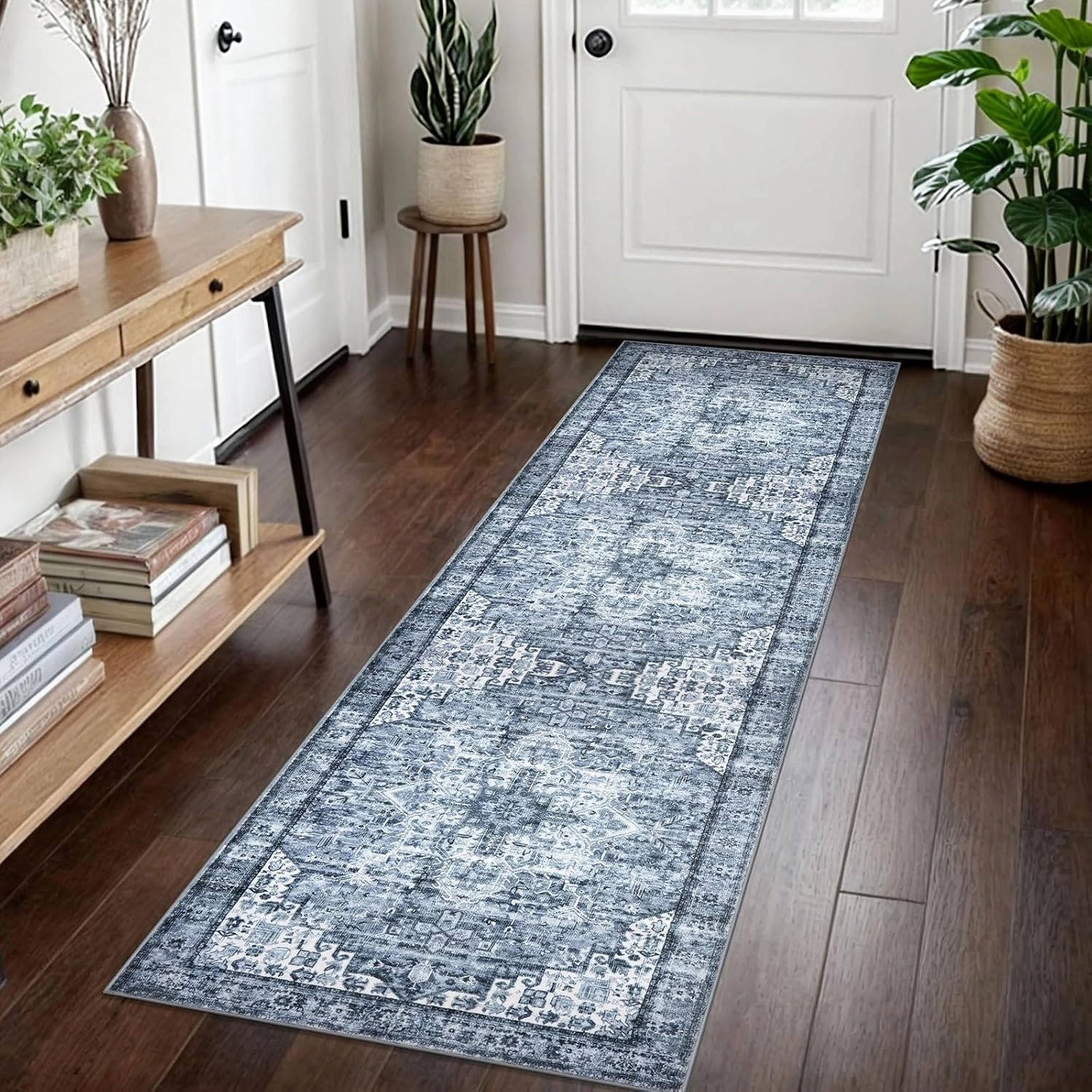2x7 Blue Washable Rug for Entrance, Soft Printed Area Rug, Non-Slip Kitchen Rugs, Low-Pile Medallion Indoor Door Mat, Small Farmhouse Carpet for Entryway Kitchen Foyer Bedside