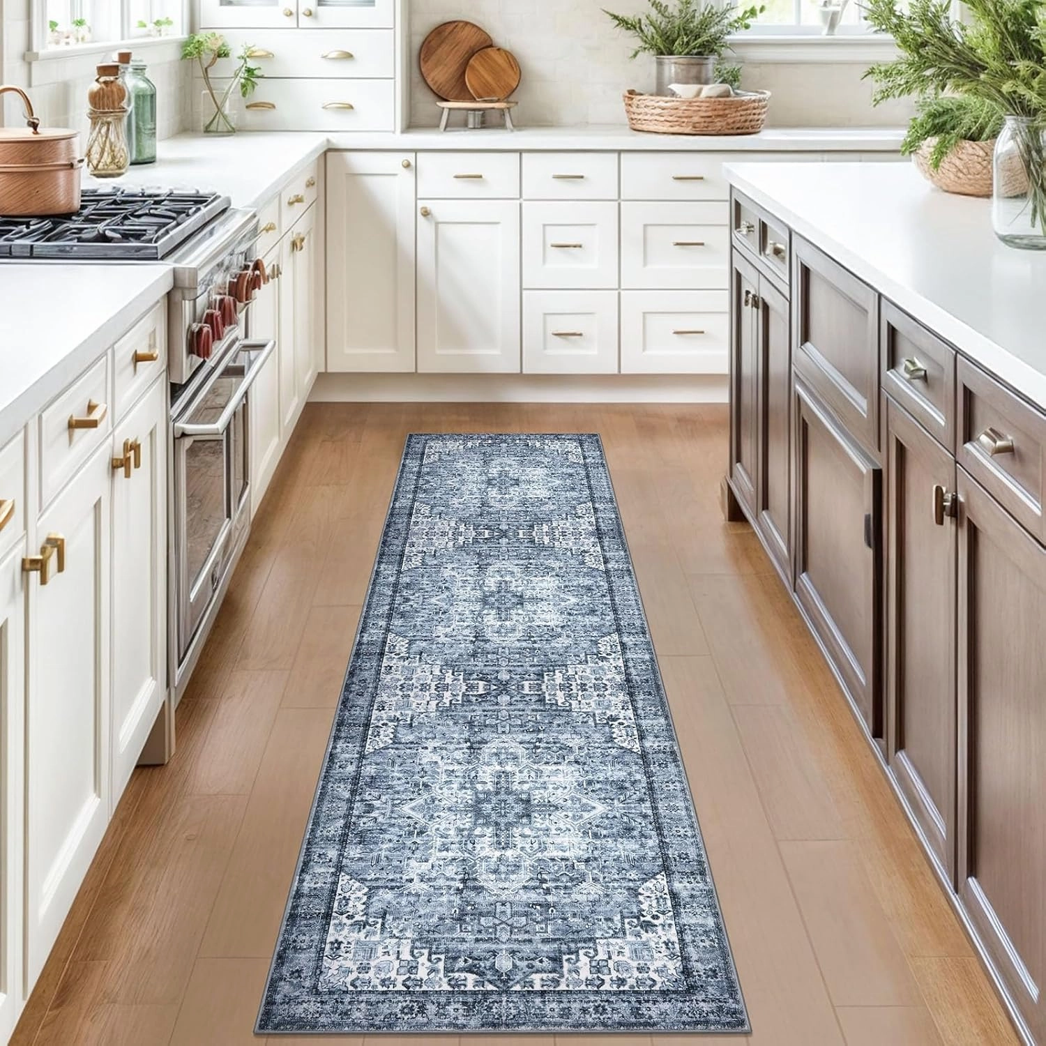 2x7 Blue Washable Rug for Entrance, Soft Printed Area Rug, Non-Slip Kitchen Rugs, Low-Pile Medallion Indoor Door Mat, Small Farmhouse Carpet for Entryway Kitchen Foyer Bedside