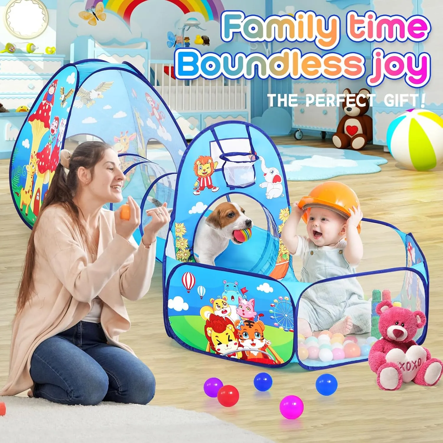 3 in 1 Kids Play Tent for Toddler with Baby Ball Pit and Play Tunnel, Children Indoor Outdoor Playhouse with Climbing Tunnel Toy for Toddlers, Boys and Girls Best Birthday Gifts (3pc Jungle Ball Pit)