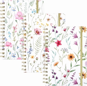 3 Pack Spiral Notebook A5 Thick Wildflower Hardcover Journals College Ruled Notebook Cute Floral Spiral Journals 180 Pages for Women Writing Work School Office Home