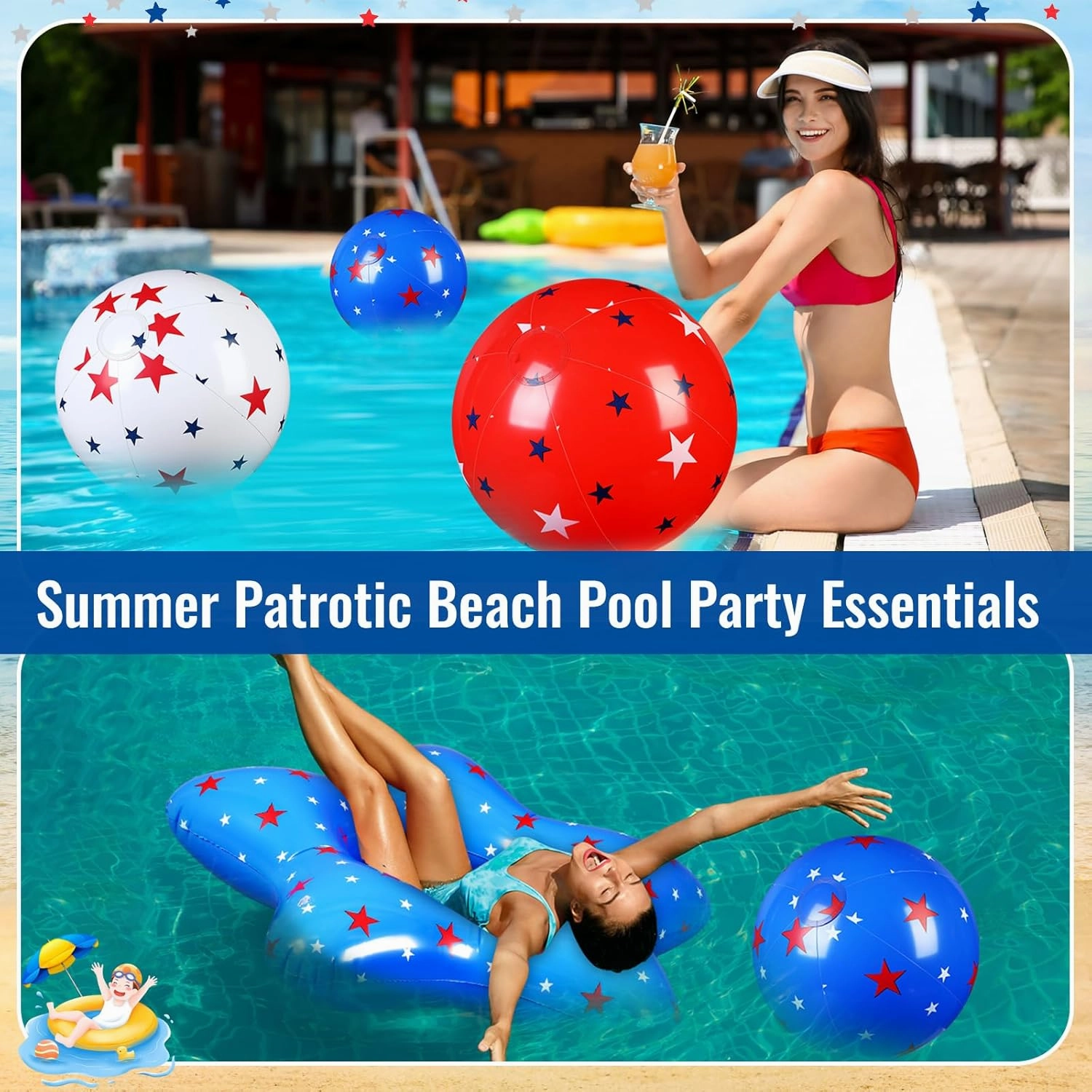 3 Pcs American Patriotic Inflatable Pool Float and 3 Pcs 12 Inch Inflatable Beach Balls for Floating Party Favors Swimming Toys