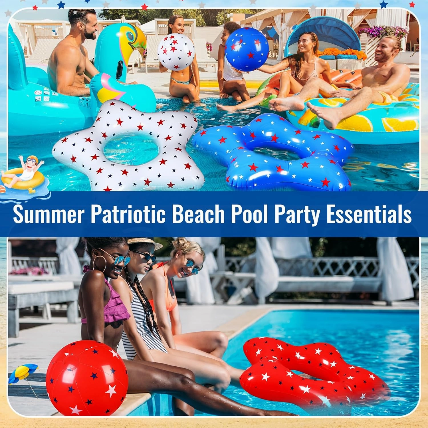 3 Pcs American Patriotic Inflatable Pool Float and 3 Pcs 12 Inch Inflatable Beach Balls for Floating Party Favors Swimming Toys