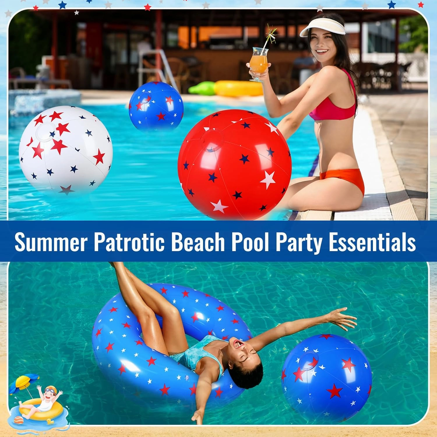 3 Pcs American Patriotic Inflatable Pool Float and 3 Pcs 12 Inch Inflatable Beach Balls for Floating Party Favors Swimming Toys